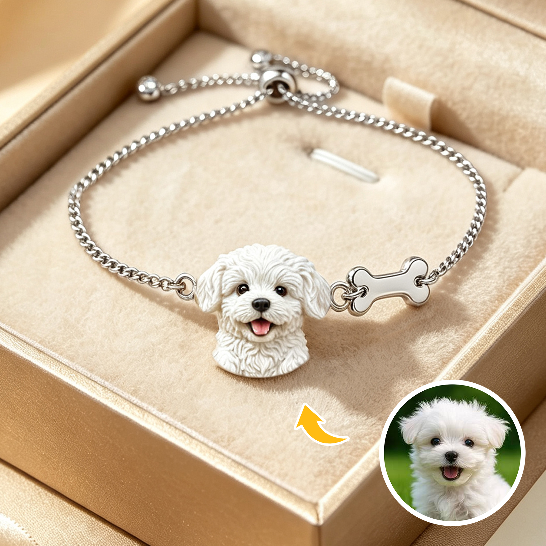 Custom Pet Portrait Bracelet – Personalized 3D Dog Head Bracelet, Memorial Pet Lover Gift, Dog Head with Bone Bracelet