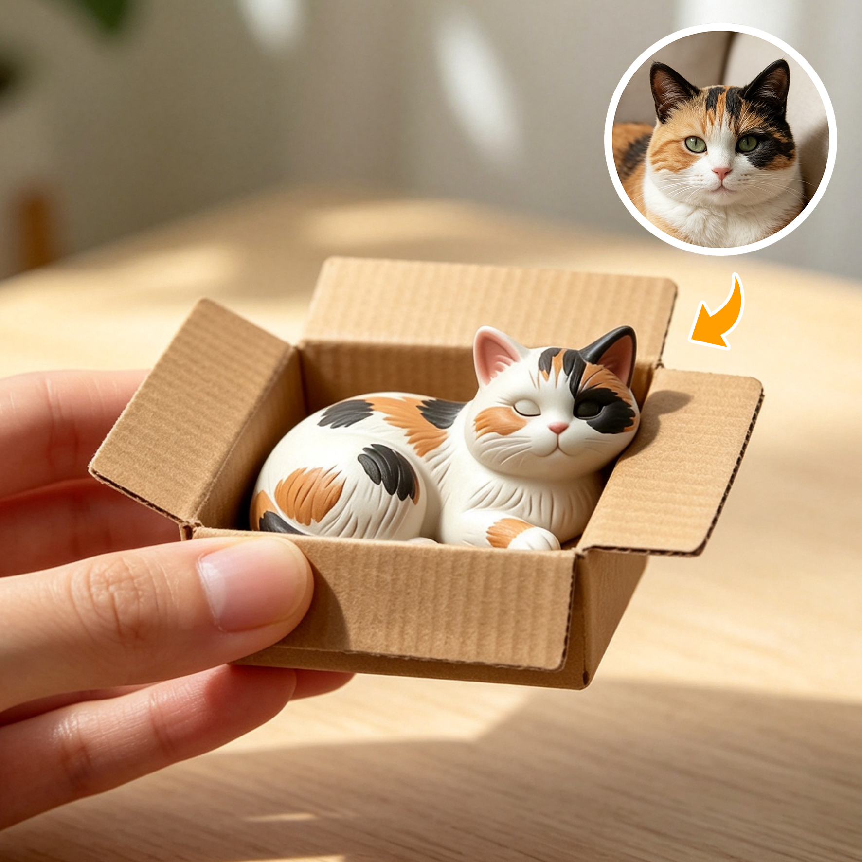 Cute 3D Custom Mini Ornaments of Characters or Pets | Made of resin, Cat in cardboard box, compatible with cars and offices, multi-purpose for dashboard/desktop/hanging, cartoon theme.