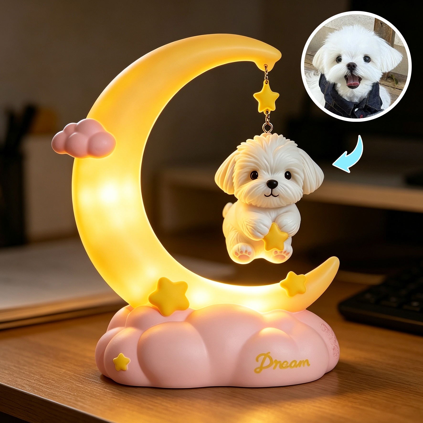 Cute 3D Printed Custom Pet with Moon Night Light | Mini Ornaments of Characters or Pets | Made of resin | Cartoon Theme | Children's Room Decoration Gift