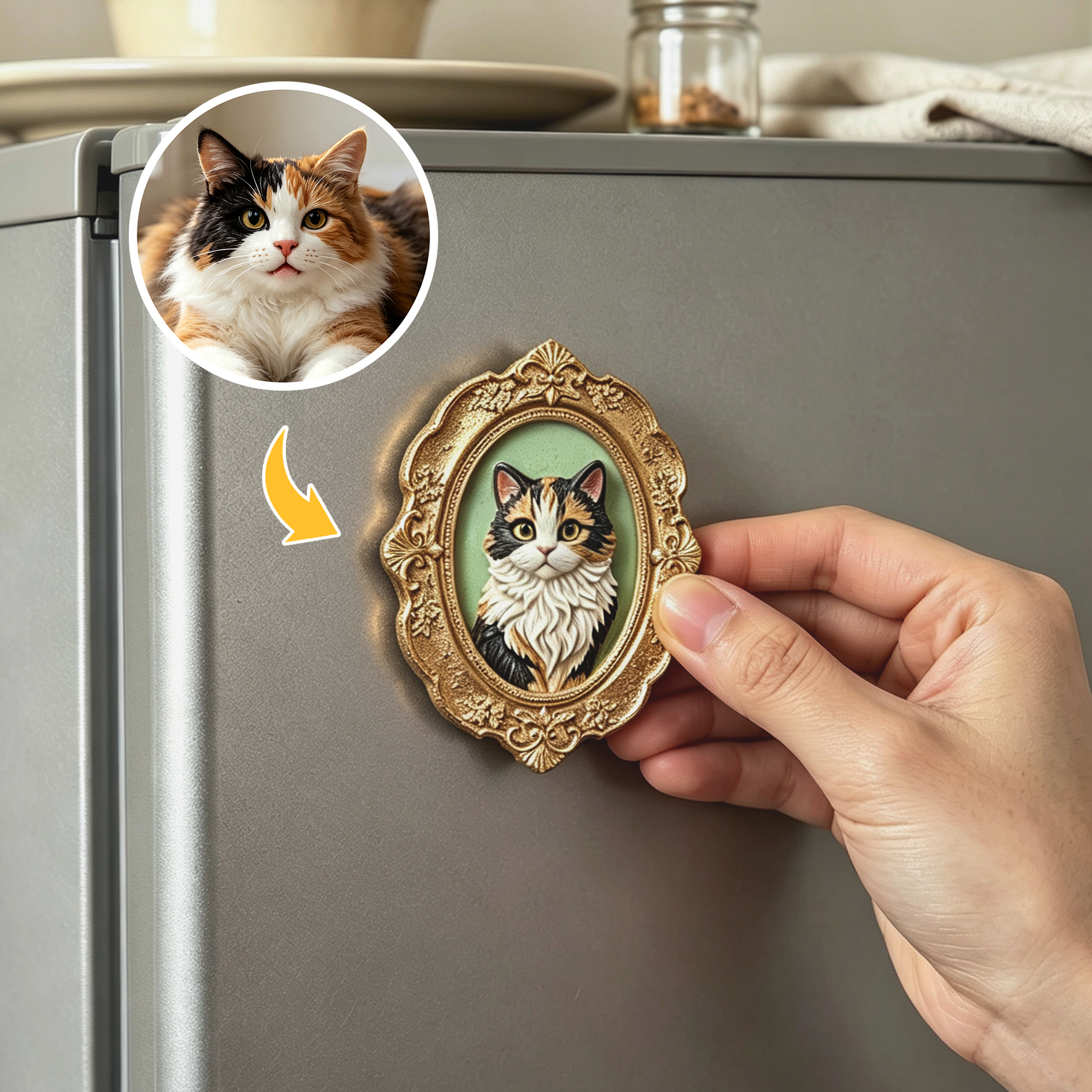 Custom 3D Relief Cartoon Fridge Magnet | Customizable with Pet Photos | Personalized 3D Printed Pet Portrait in A Vintage Photo Frames  | Pet Loss | Pet Lover Present