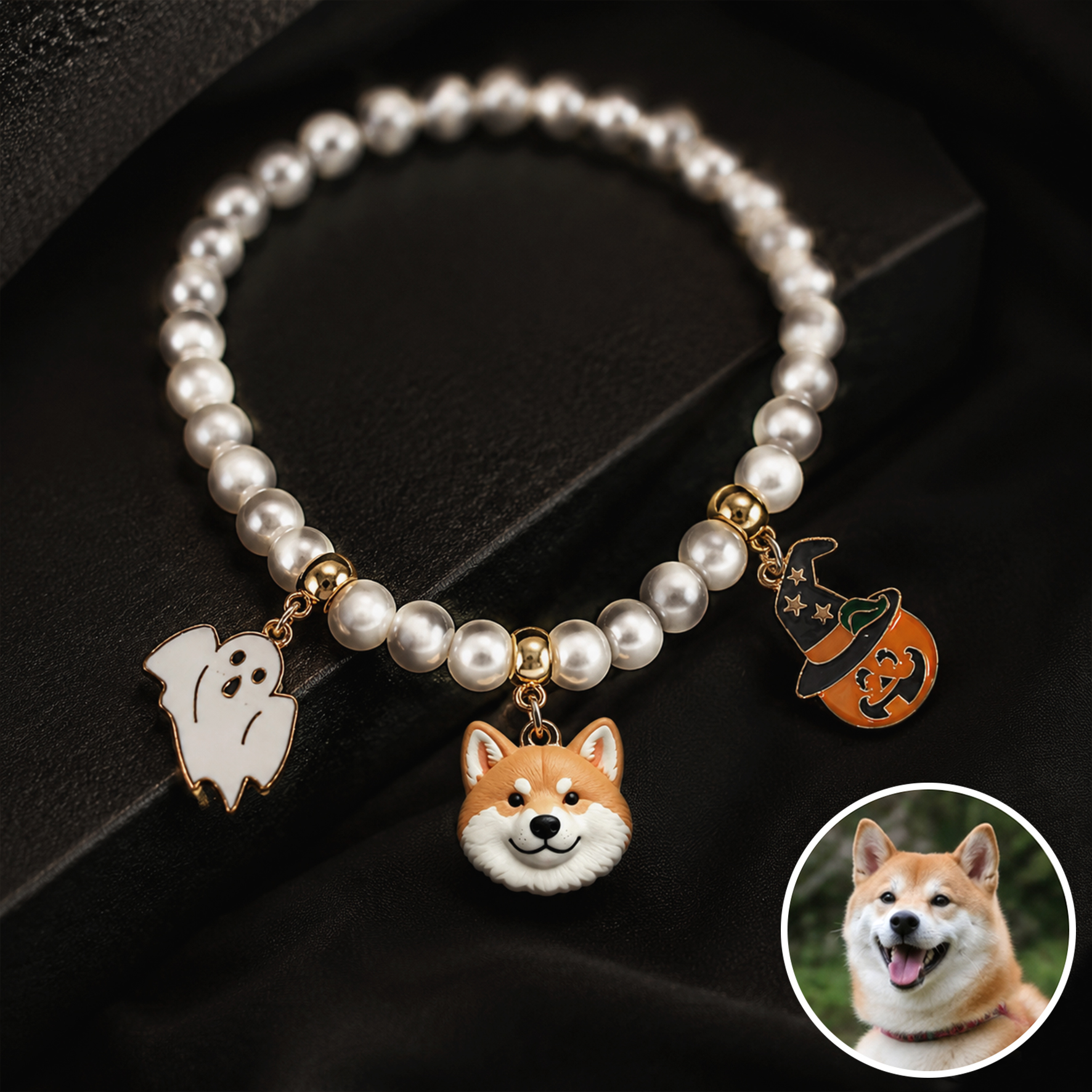 Personalized beaded 3D pet portrait collar, Customizable elastic dog cat pet Halloween collar with bat/pumpkin, Pet keepsake, Commemorative gifts for pet lovers.