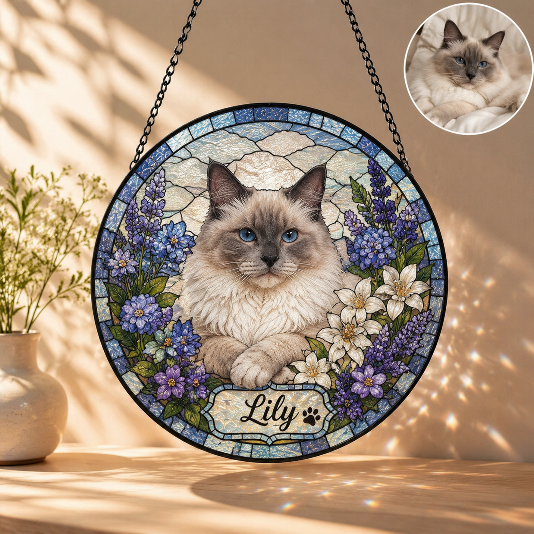 Personalized  Stained Glass Pet Portrait, Custom Dog Cat Sun Catcher Stained Glass Ornament, Pet Remembrance Gift for Pet Lovers