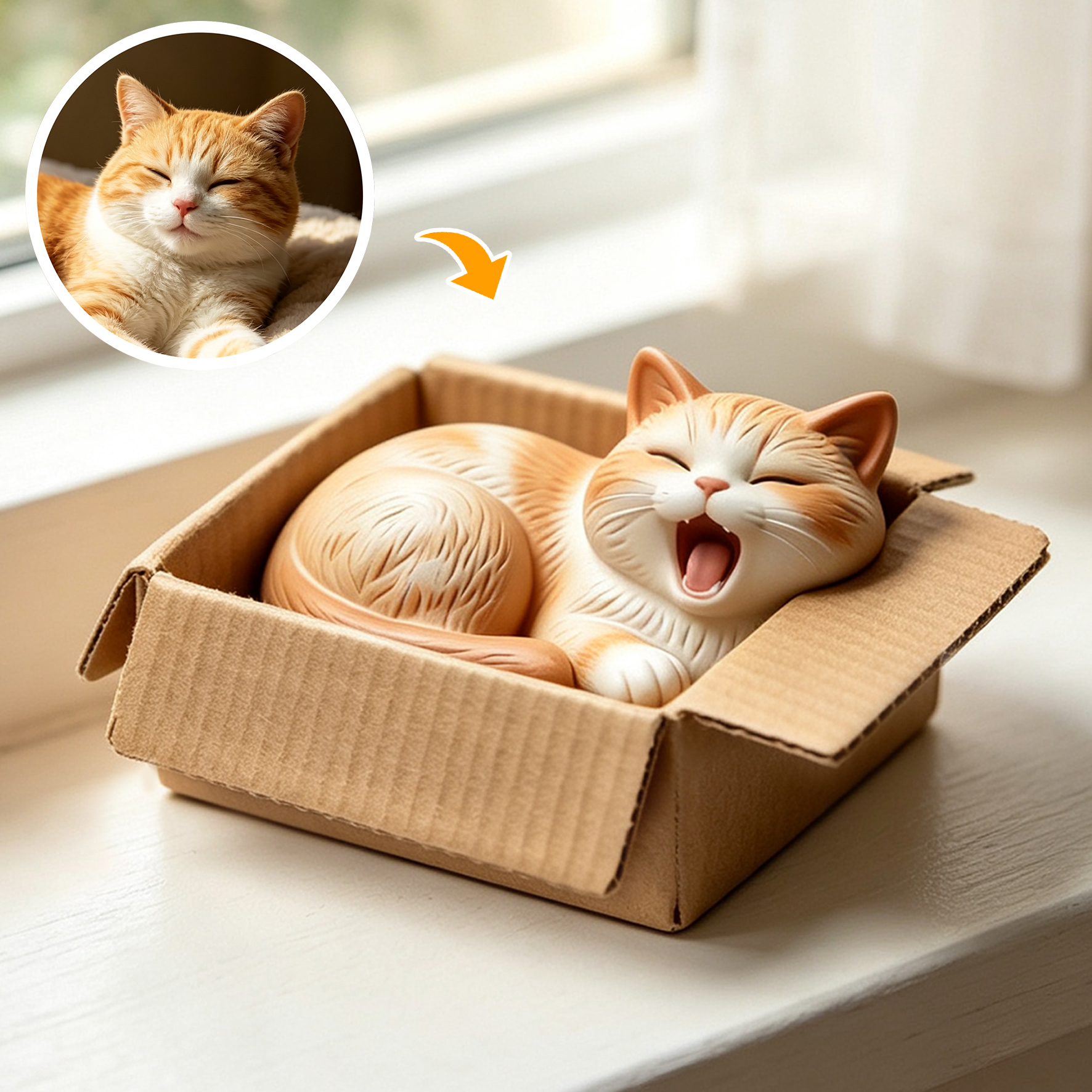Cute 3D Custom Mini Ornaments of Characters or Pets | Made of resin, Cat in cardboard box, compatible with cars and offices, multi-purpose for dashboard/desktop/hanging, cartoon theme.