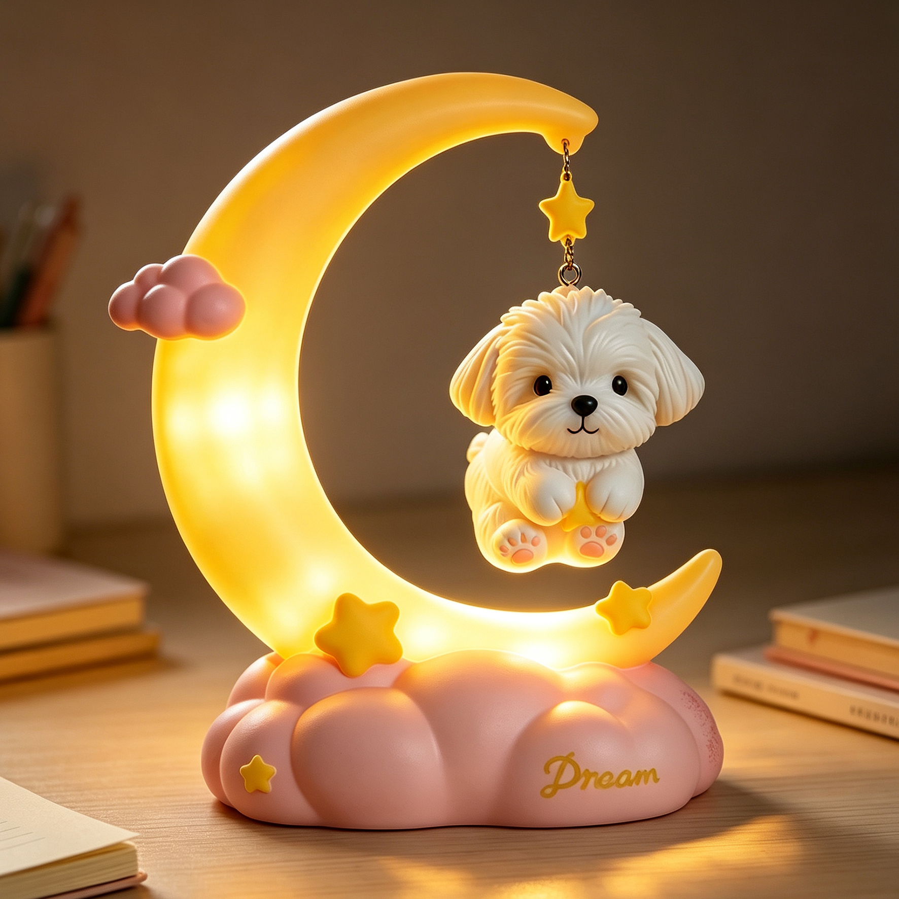Cute 3D Printed Custom Pet with Moon Night Light | Mini Ornaments of Characters or Pets | Made of resin | Cartoon Theme | Children's Room Decoration Gift