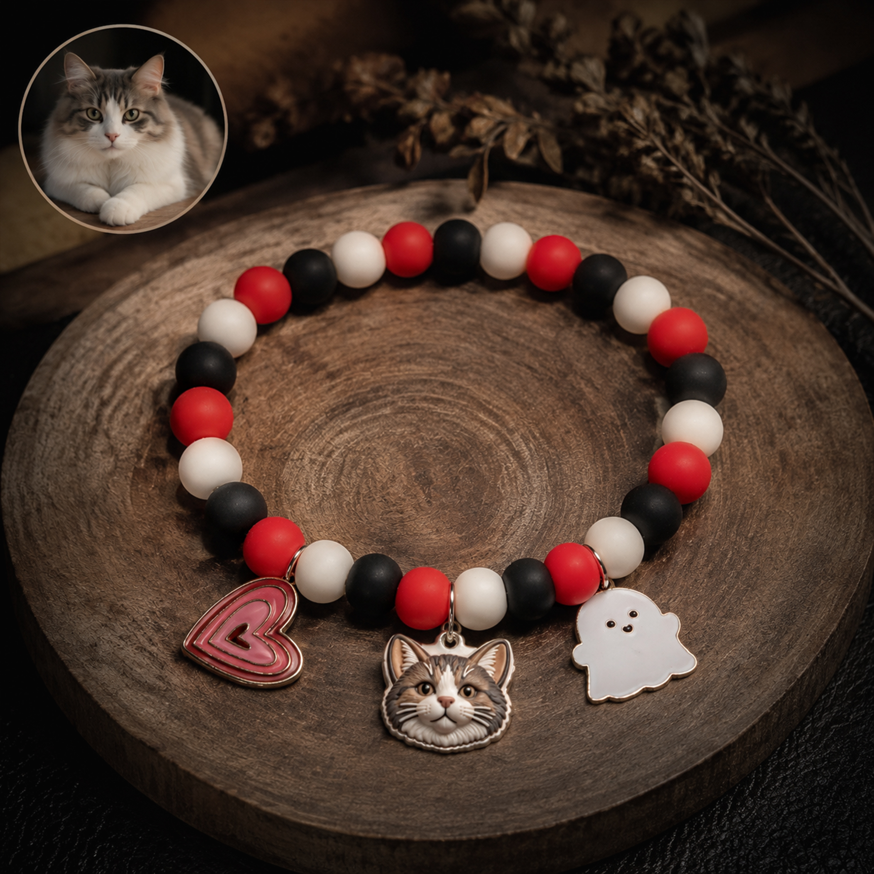 Personalized beaded 3D pet portrait collar, Customizable elastic dog cat pet Halloween collar with bat/pumpkin, Pet keepsake, Commemorative gifts for pet lovers.