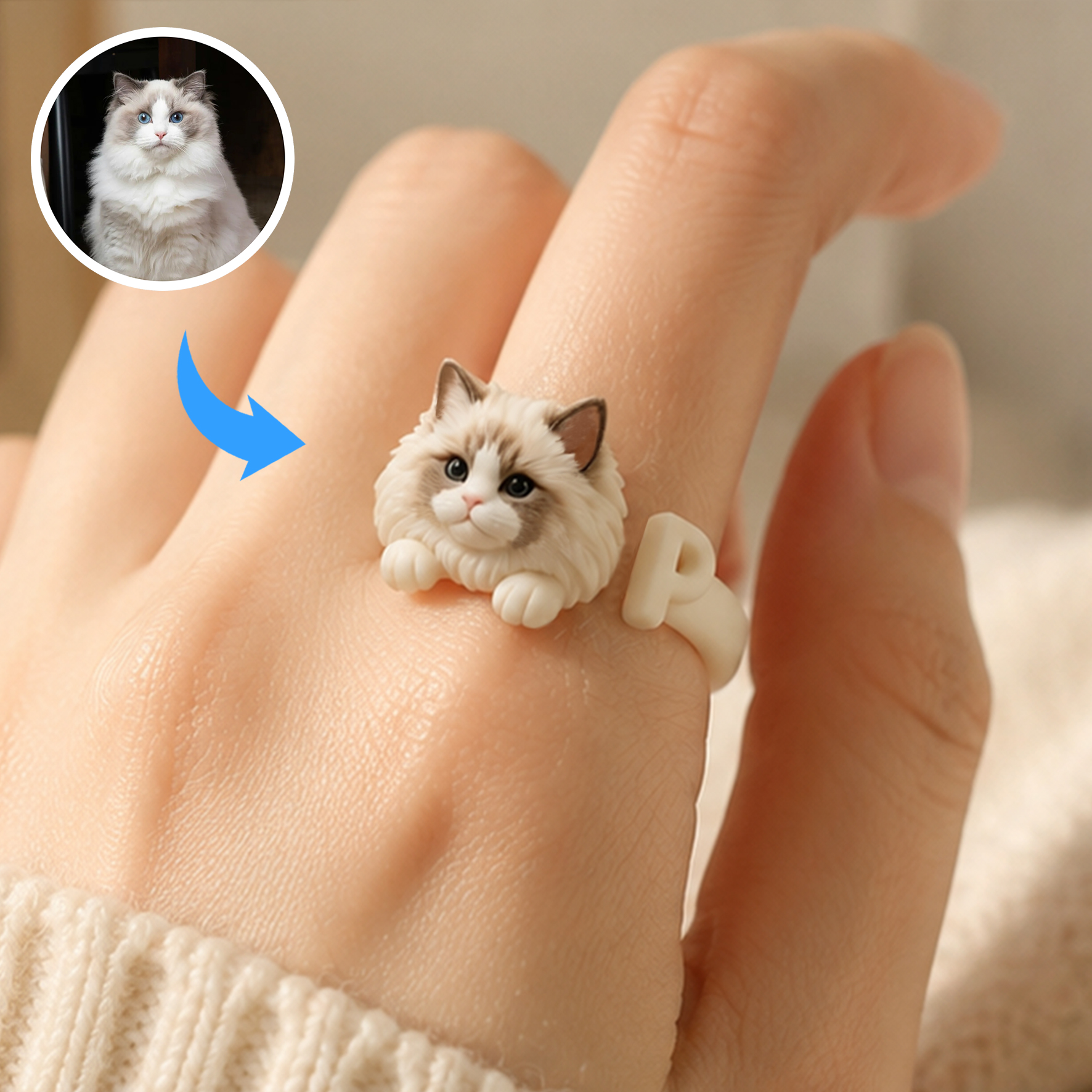 Customized 3D pet portrait rings, personalized 3D pet portrait rings, commemorative gifts for pet lovers.