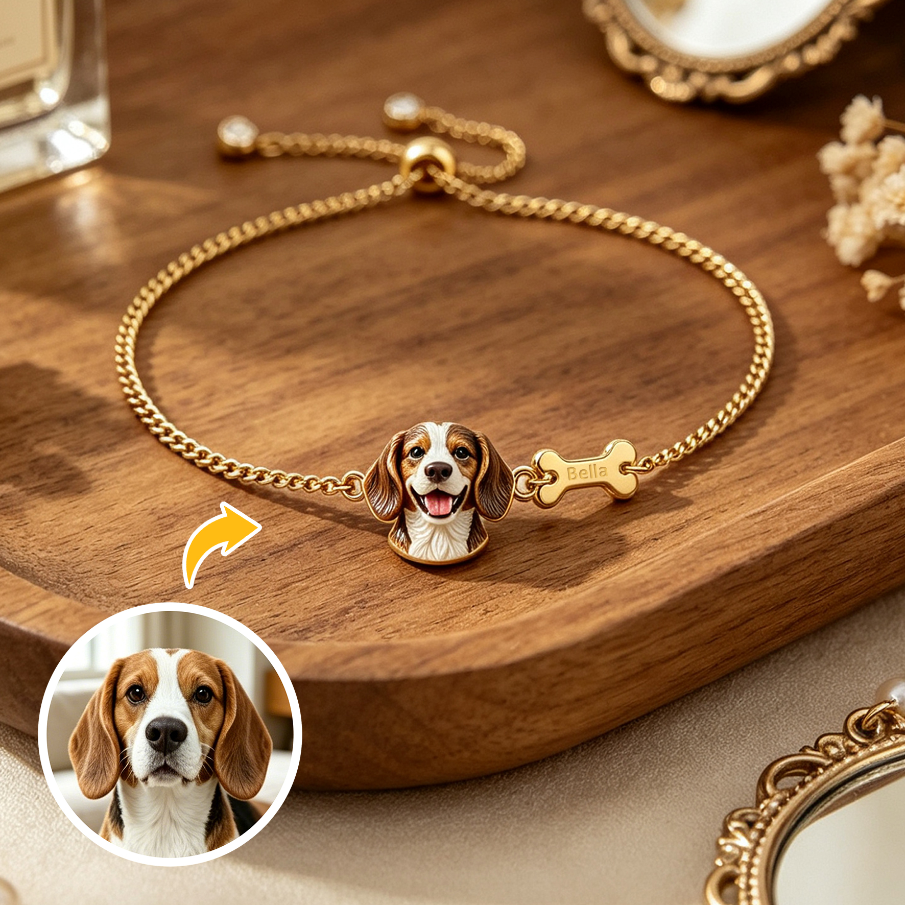 Custom Pet Portrait Bracelet – Personalized 3D Dog Head Bracelet, Memorial Pet Lover Gift, Dog Head with Bone Bracelet