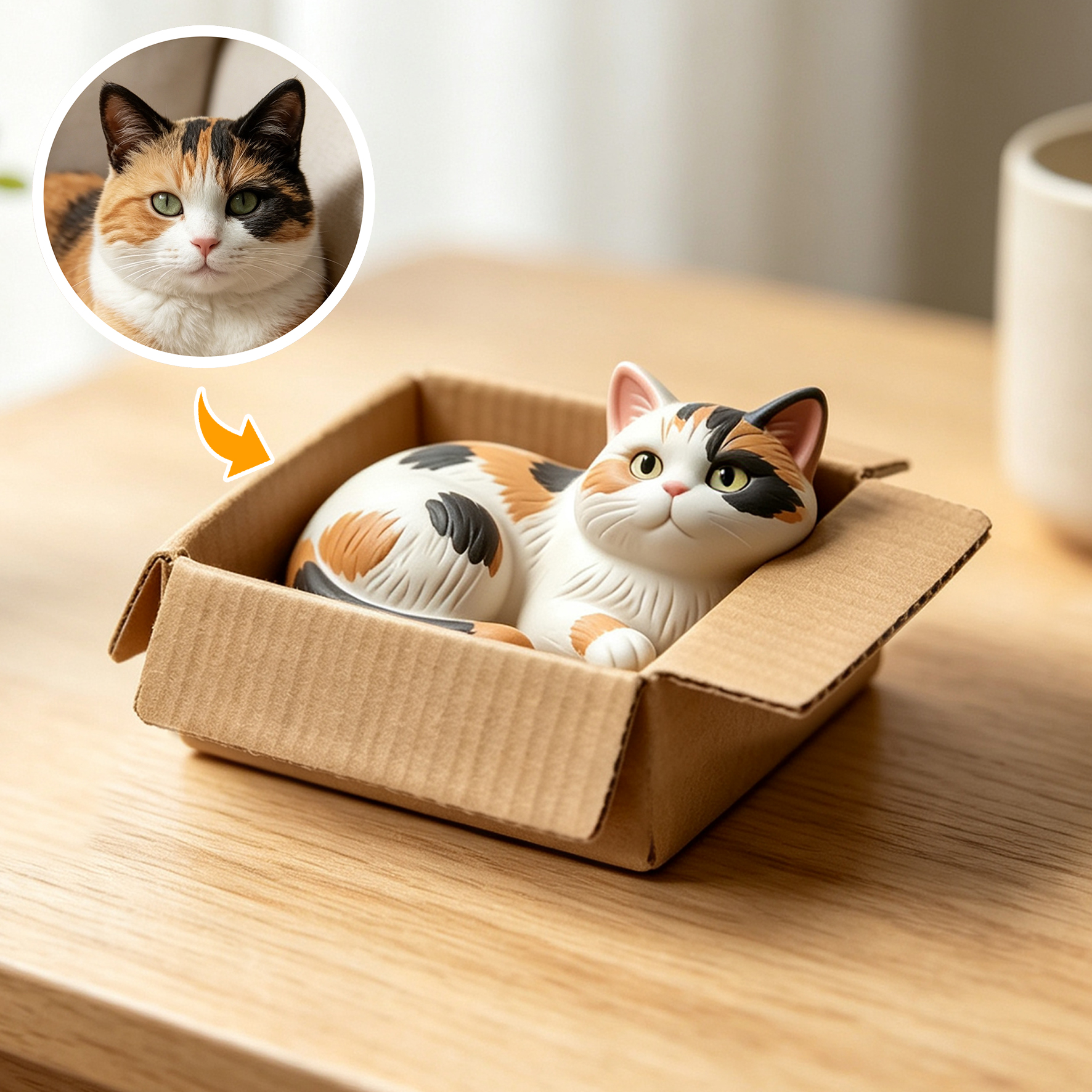 Cute 3D Custom Mini Ornaments of Characters or Pets | Made of resin, Cat in cardboard box, compatible with cars and offices, multi-purpose for dashboard/desktop/hanging, cartoon theme.