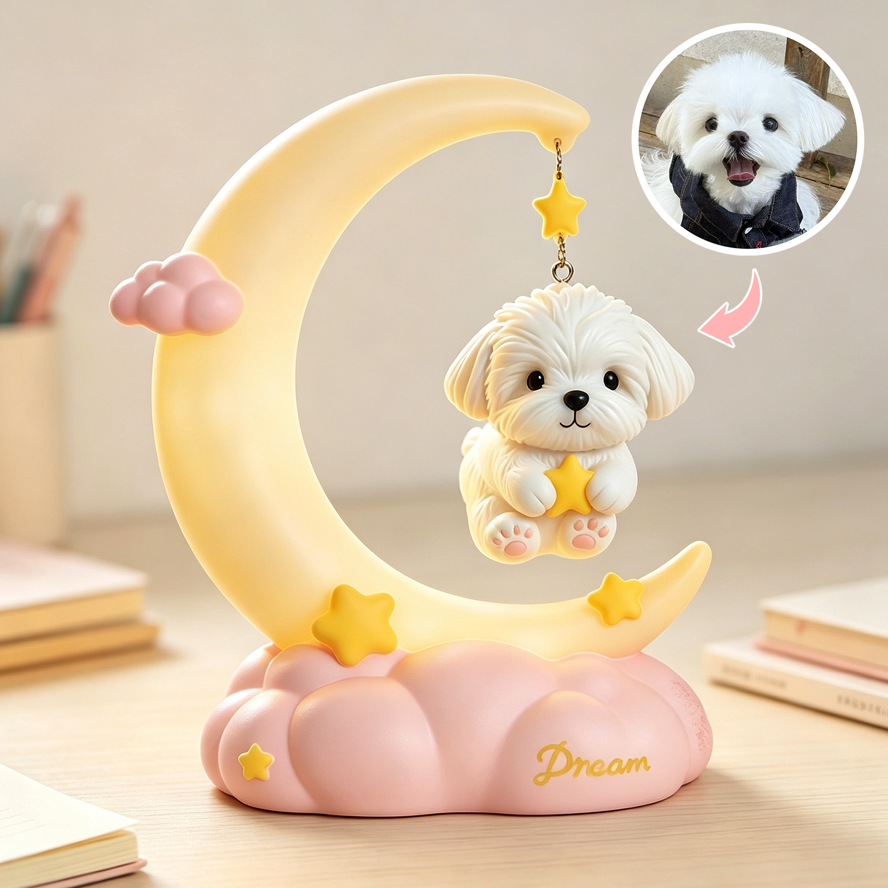 Cute 3D Printed Custom Pet with Moon Night Light | Mini Ornaments of Characters or Pets | Made of resin | Cartoon Theme | Children's Room Decoration Gift