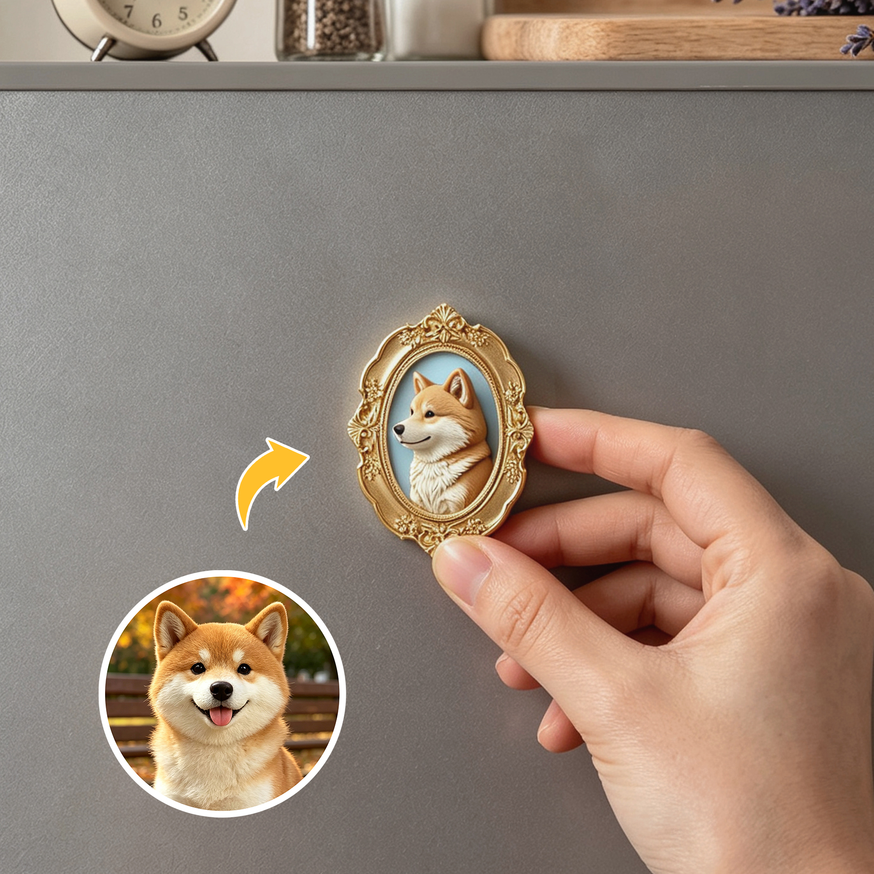 Custom 3D Relief Cartoon Fridge Magnet | Customizable with Pet Photos | Personalized 3D Printed Pet Portrait in A Vintage Photo Frames  | Pet Loss | Pet Lover Present