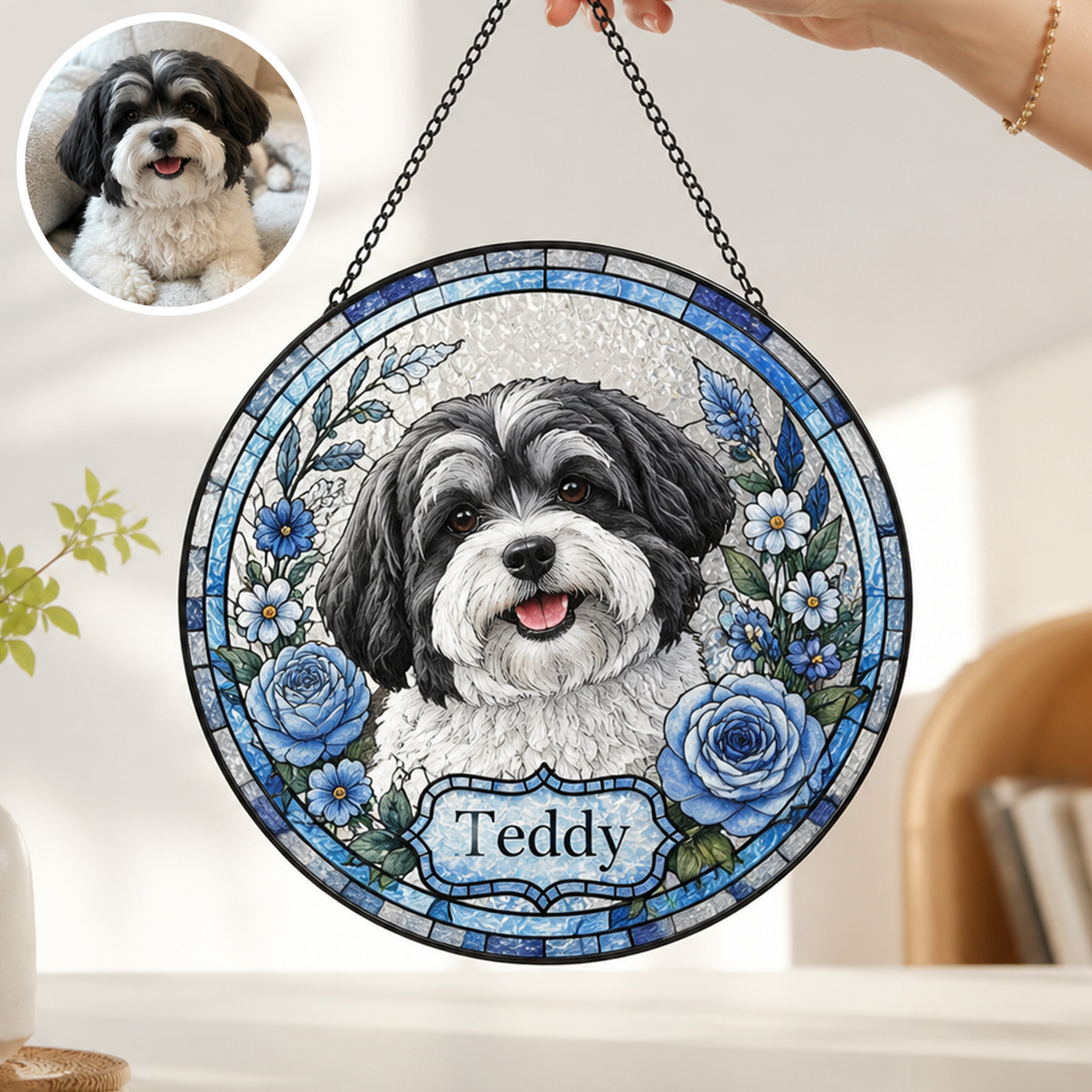 Personalized  Stained Glass Pet Portrait, Custom Dog Cat Sun Catcher Stained Glass Ornament, Pet Remembrance Gift for Pet Lovers