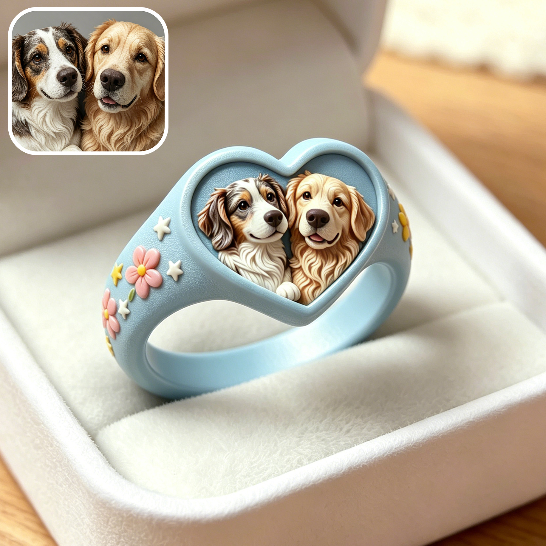 Customized 3D pet portrait rings, personalized 3D pet portrait rings, commemorative gifts for pet lovers.