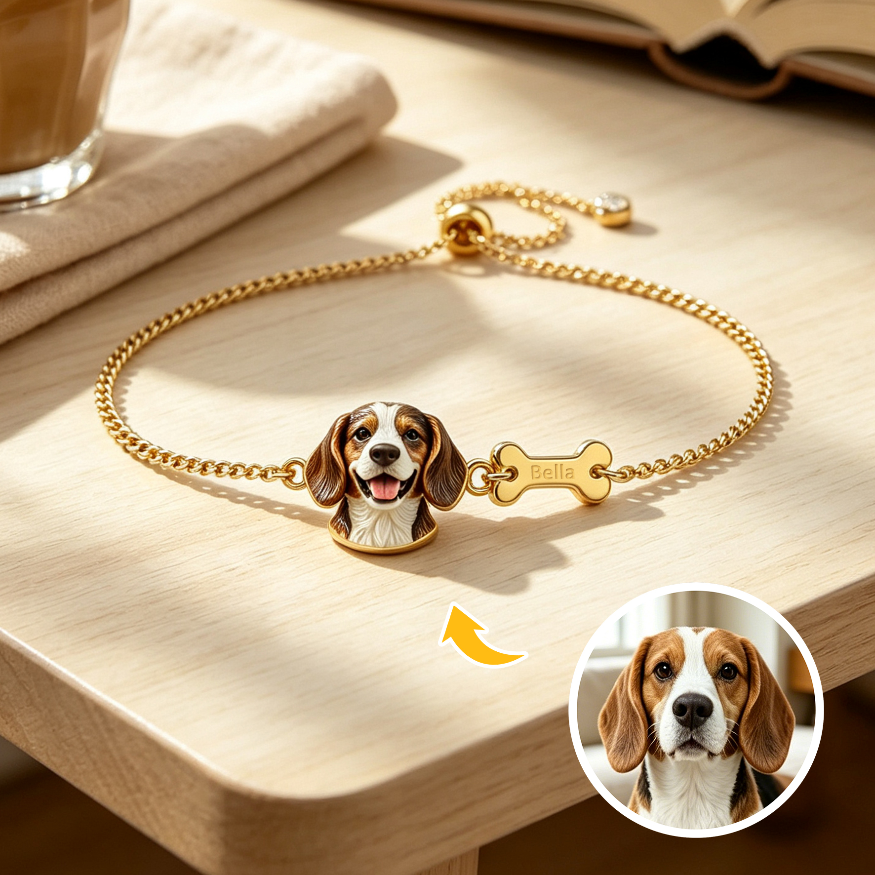 Custom Pet Portrait Bracelet – Personalized 3D Dog Head Bracelet, Memorial Pet Lover Gift, Dog Head with Bone Bracelet