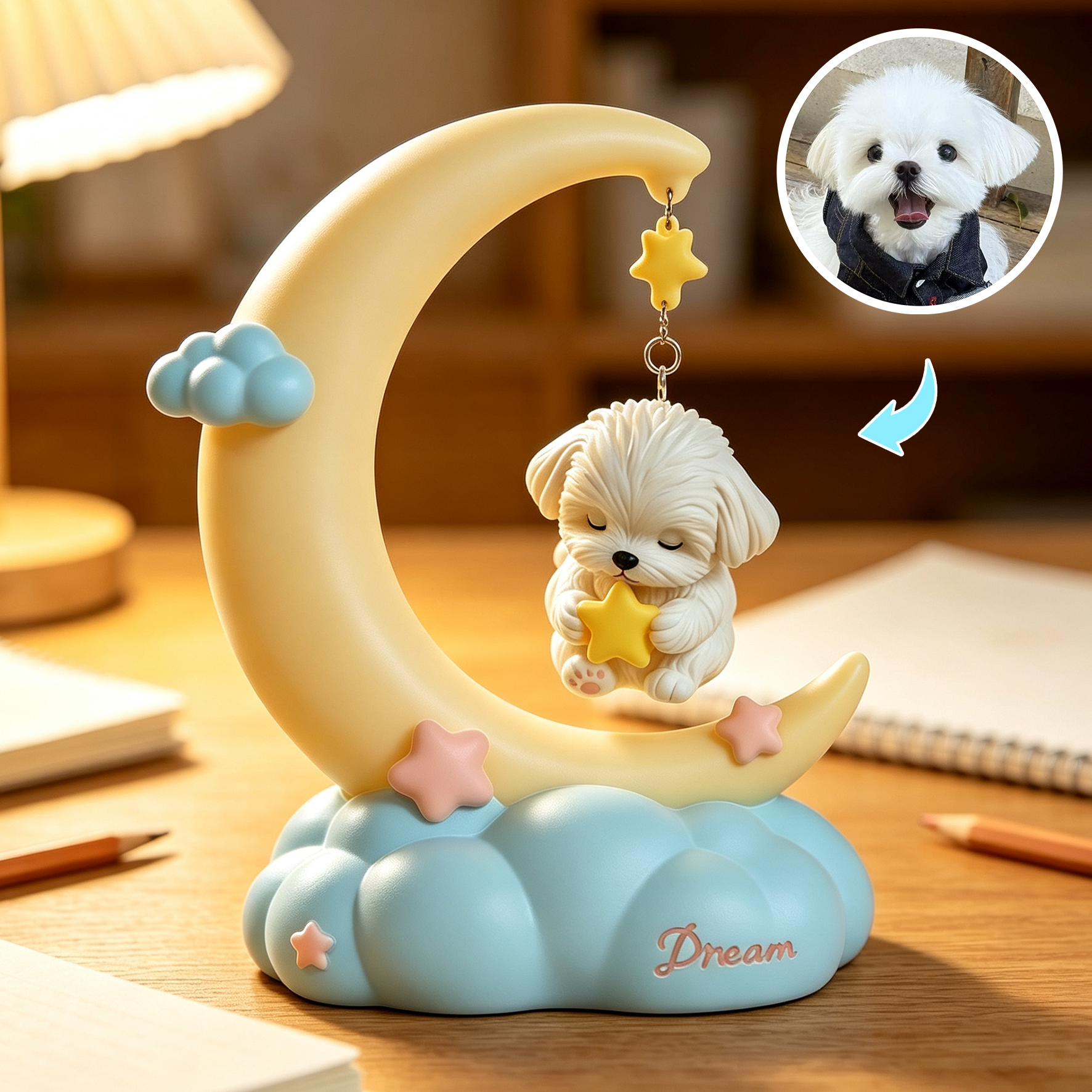 Cute 3D Printed Custom Pet with Moon Night Light | Mini Ornaments of Characters or Pets | Made of resin | Cartoon Theme | Children's Room Decoration Gift
