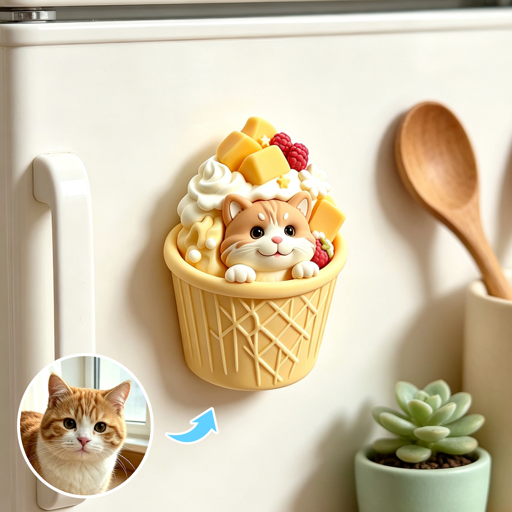 Custom 3D Relief Cartoon Fridge Magnet | Customizable with Pet Photos | Personalized 3D Printed Ice Cream Pet Refrigerator Magnets