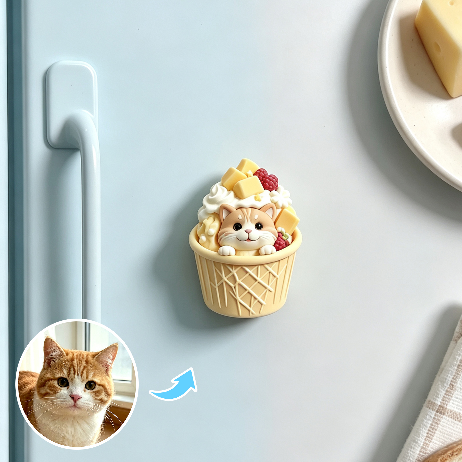 Custom 3D Relief Cartoon Fridge Magnet | Customizable with Pet Photos | Personalized 3D Printed Ice Cream Pet Refrigerator Magnets