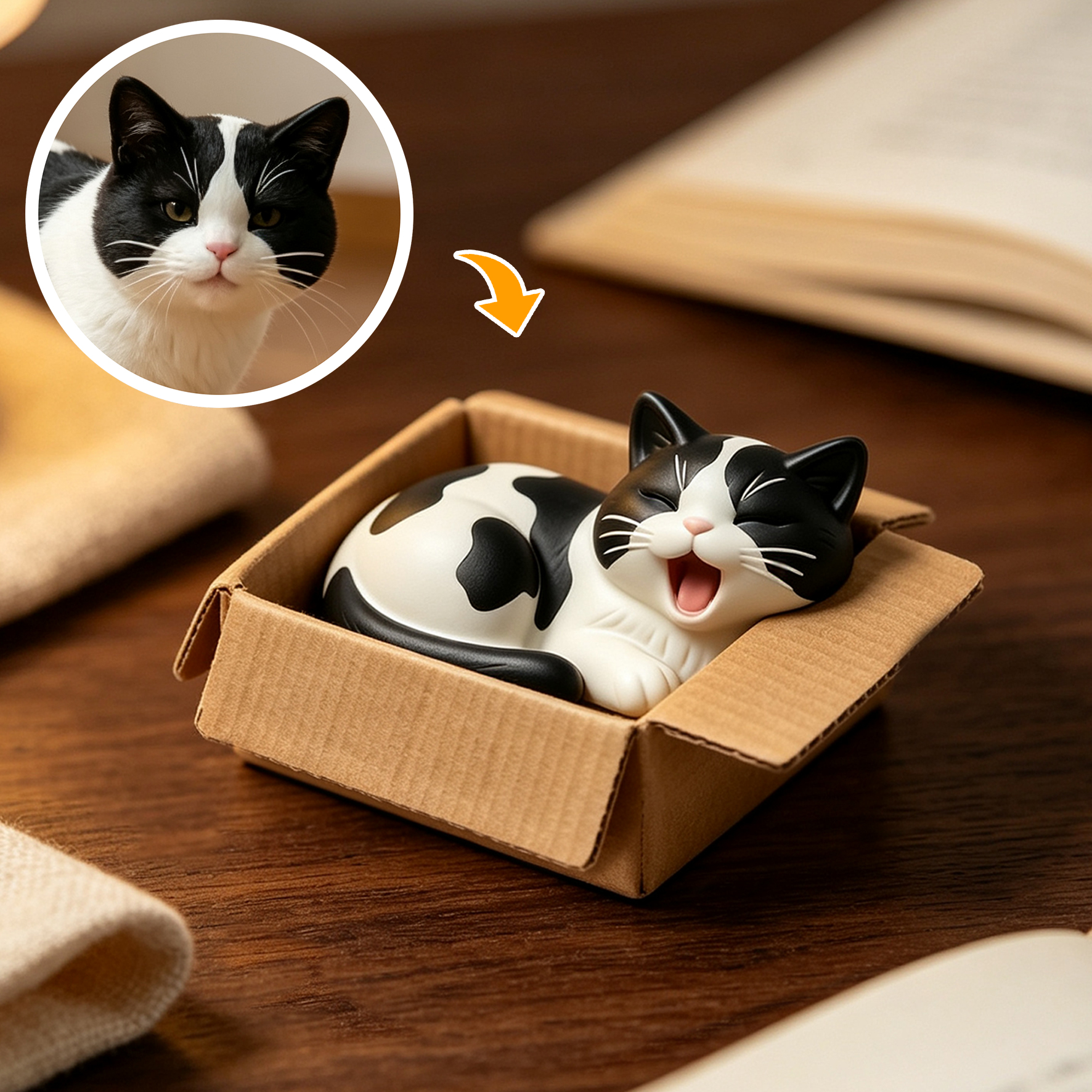 Cute 3D Custom Mini Ornaments of Characters or Pets | Made of resin, Cat in cardboard box, compatible with cars and offices, multi-purpose for dashboard/desktop/hanging, cartoon theme.