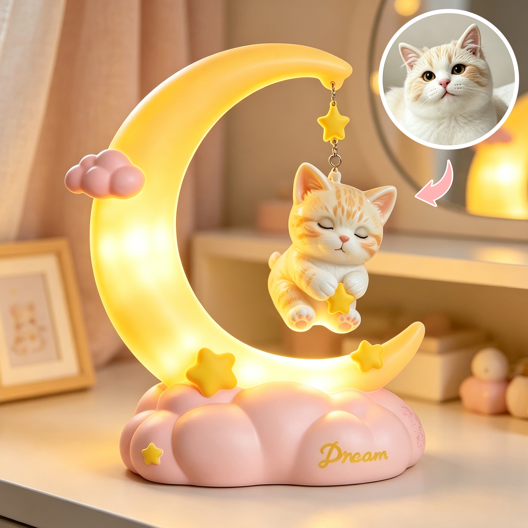 Cute 3D Printed Custom Pet with Moon Night Light | Mini Ornaments of Characters or Pets | Made of resin | Cartoon Theme | Children's Room Decoration Gift