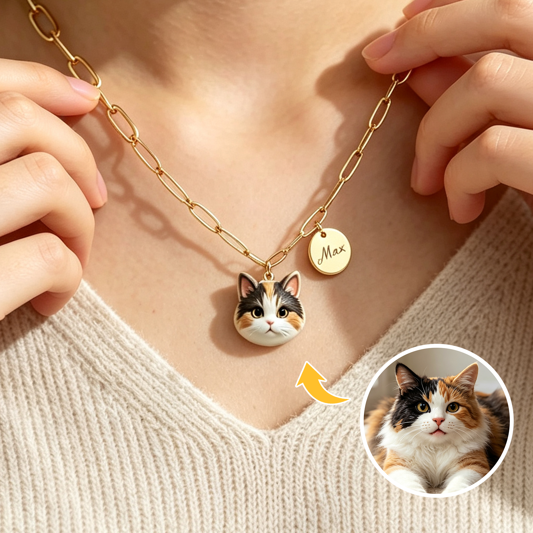 Personalized necklaces, customizable pet pendants, dog and cat portrait necklaces with name, commemorative gifts, and the perfect present for pet lovers.