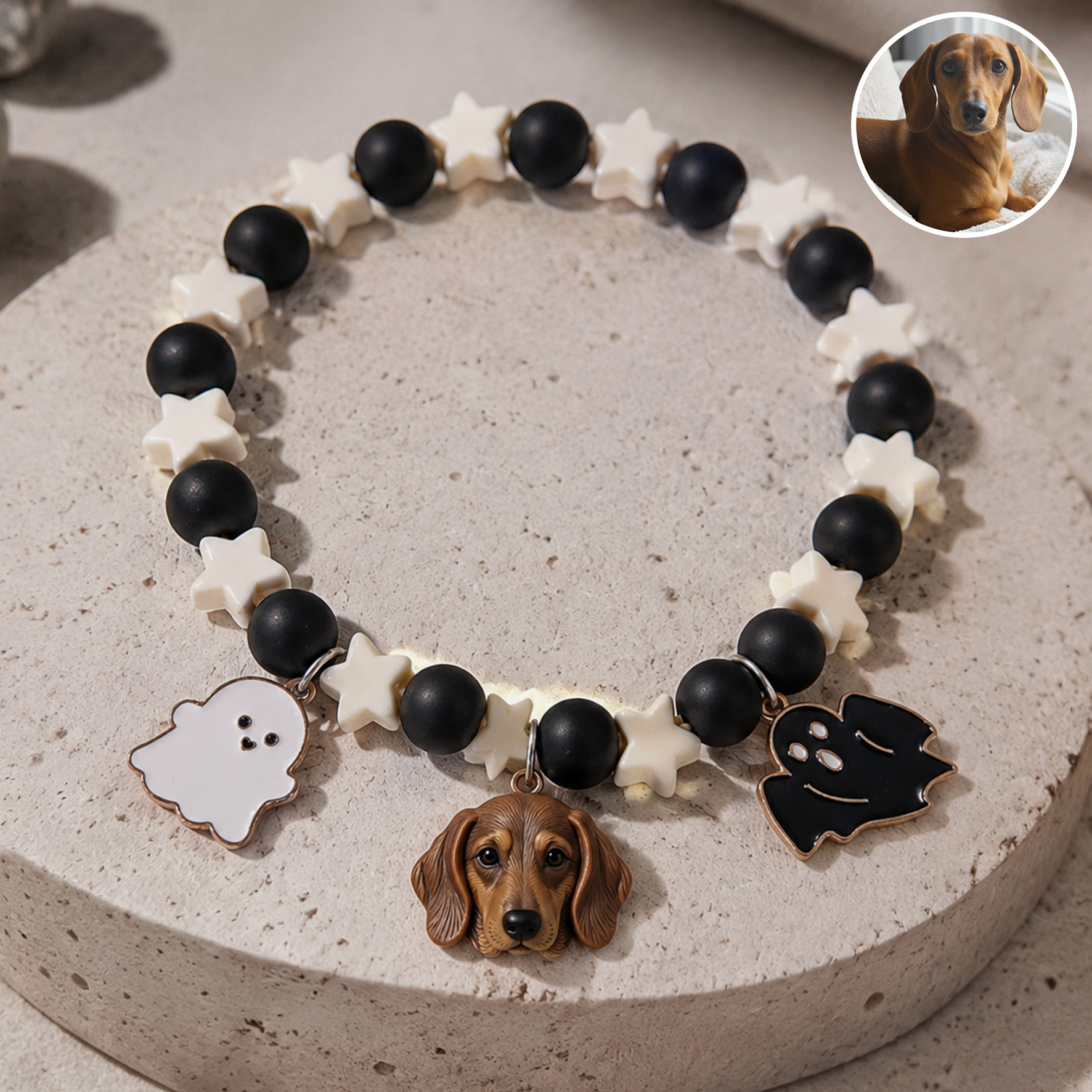 Personalized beaded 3D pet portrait collar, Customizable elastic dog cat pet Halloween collar with bat/pumpkin, Pet keepsake, Commemorative gifts for pet lovers.