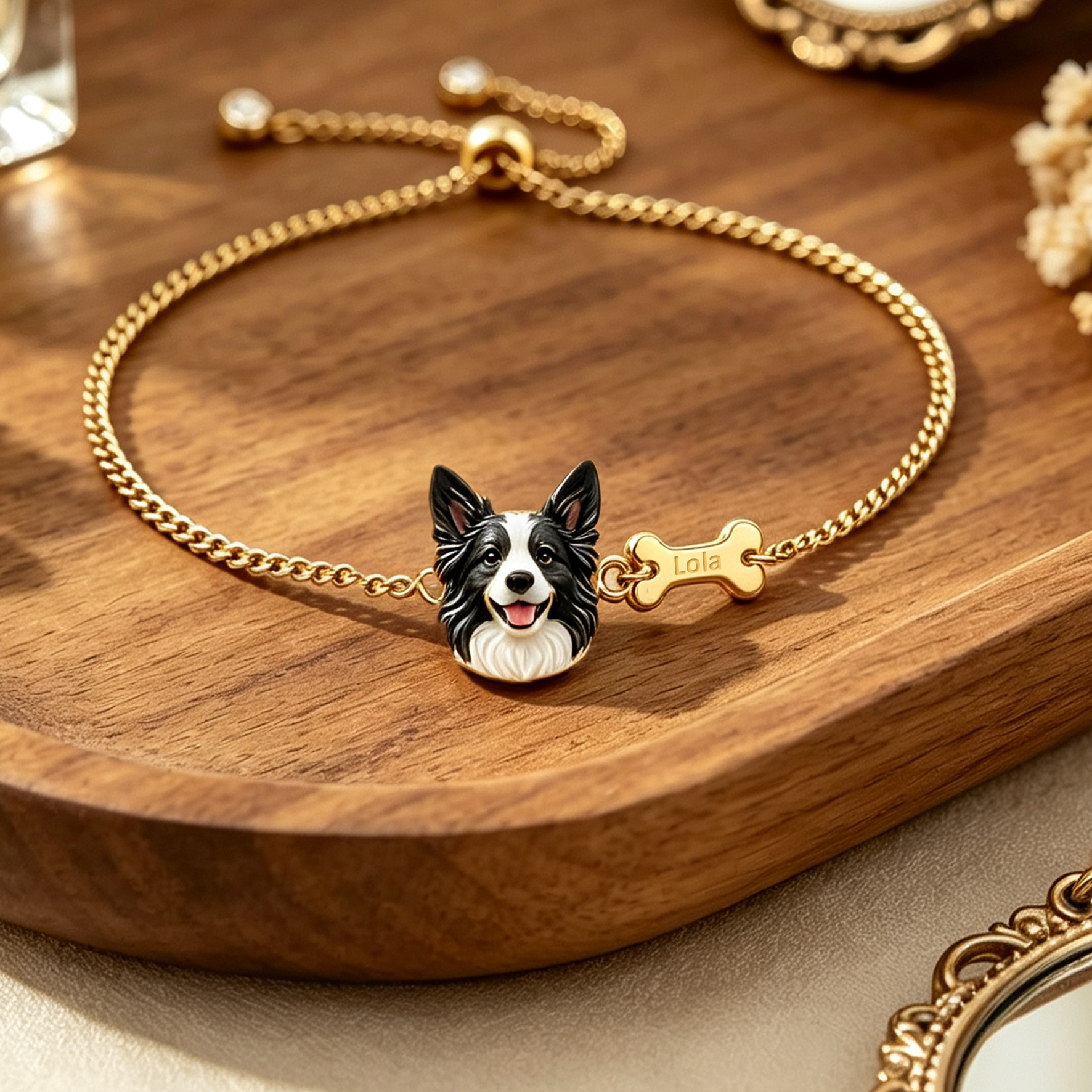 Custom Pet Portrait Bracelet – Personalized 3D Dog Head Bracelet, Memorial Pet Lover Gift, Dog Head with Bone Bracelet