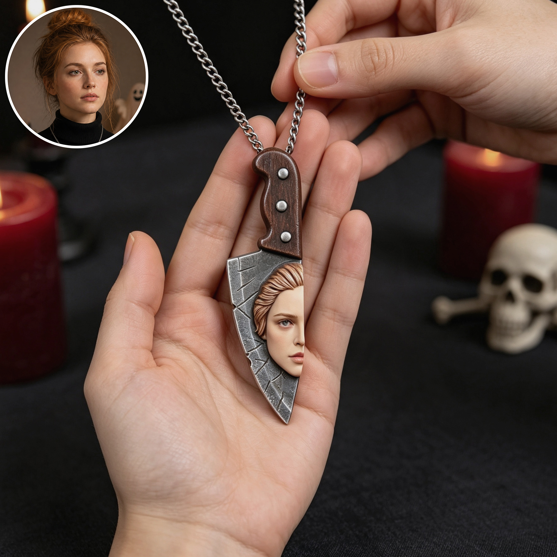 Personalized 3D Portrait Halloween Necklace | Custom Photo Ornament | Half A Relief Face on the Knife Necklace | Halloween Car Ornaments Decoration Gift for Her/Him