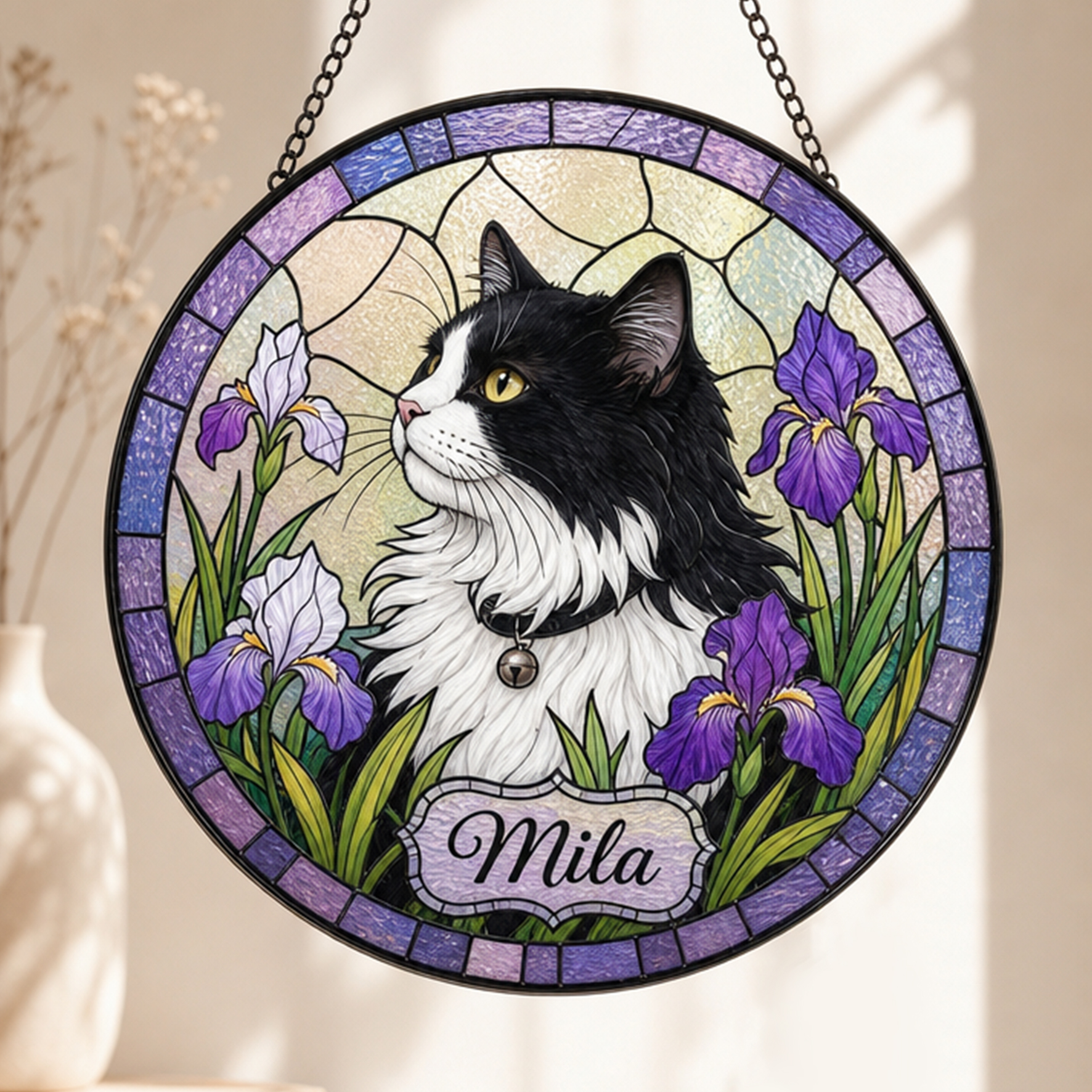 Personalized  Stained Glass Pet Portrait, Custom Dog Cat Sun Catcher Stained Glass Ornament, Pet Remembrance Gift for Pet Lovers