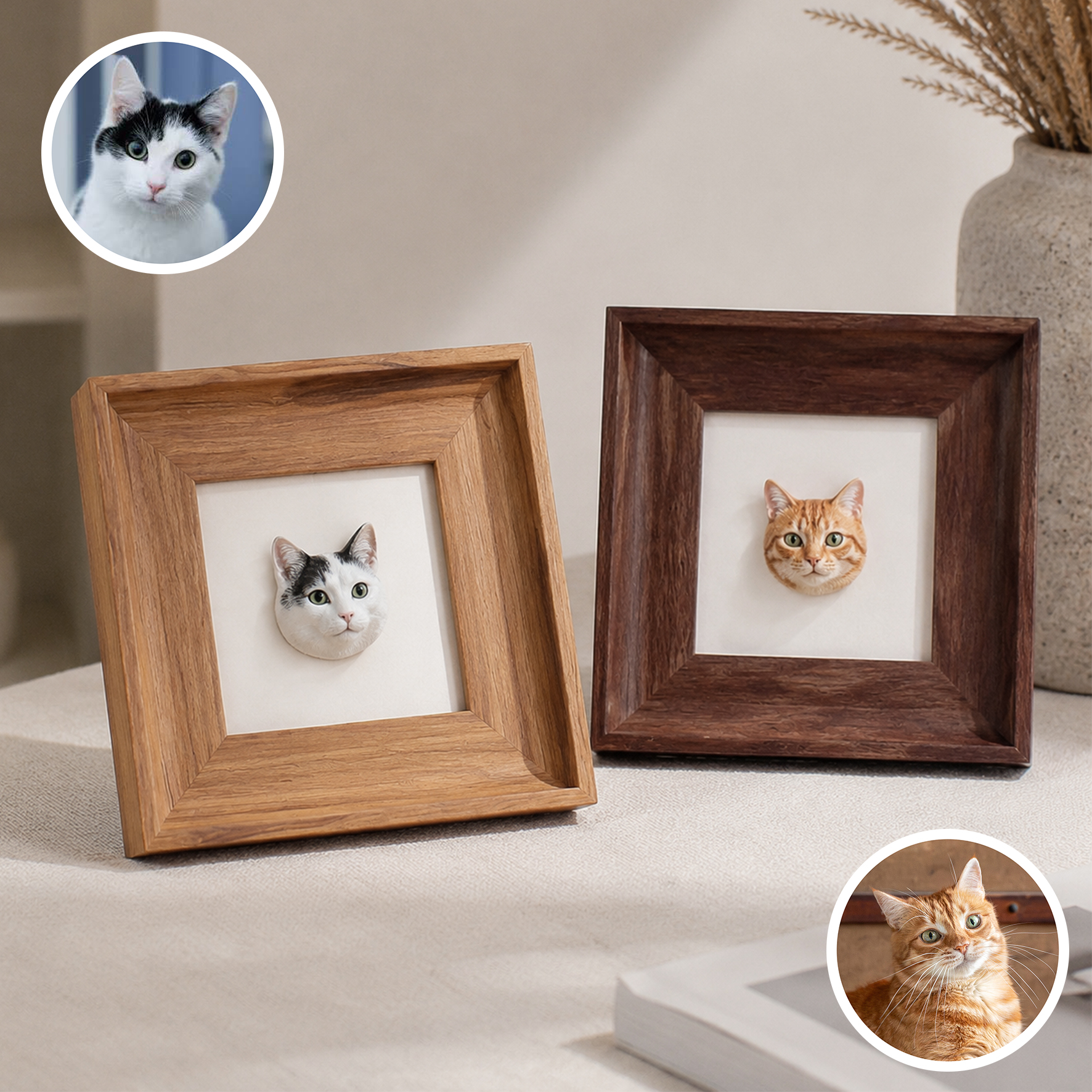Personalized 3D Pet Portrait with Frame Ornament, Customized 3D Printed Mini Pet Portrait with Wooden Frame, Made of Resin, Compatible with Bedroom, Cars and Offices, Multi-purpose for Desktop