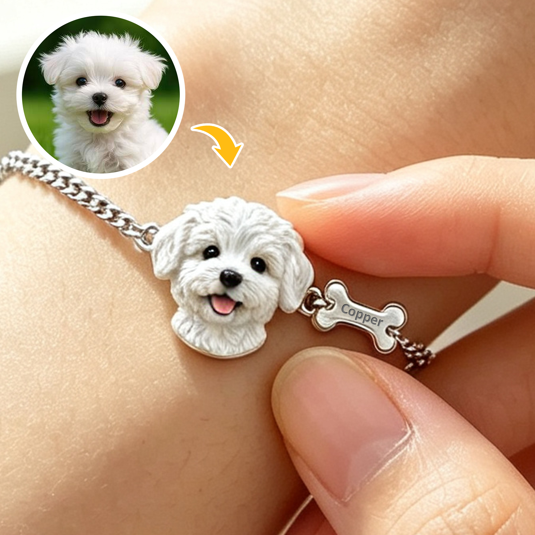 Custom Pet Portrait Bracelet – Personalized 3D Dog Head Bracelet, Memorial Pet Lover Gift, Dog Head with Bone Bracelet