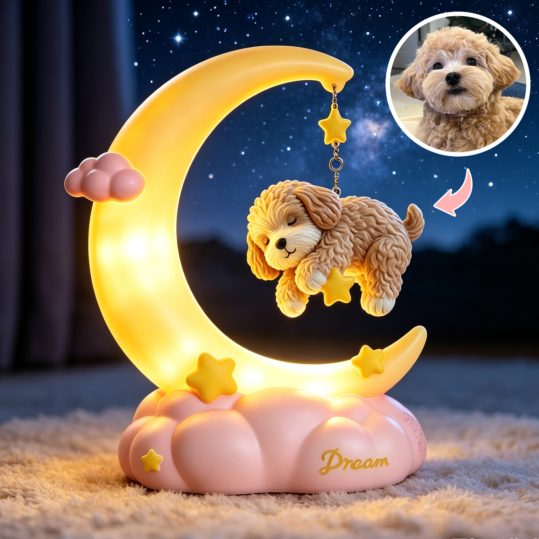 Cute 3D Printed Custom Pet with Moon Night Light | Mini Ornaments of Characters or Pets | Made of resin | Cartoon Theme | Children's Room Decoration Gift
