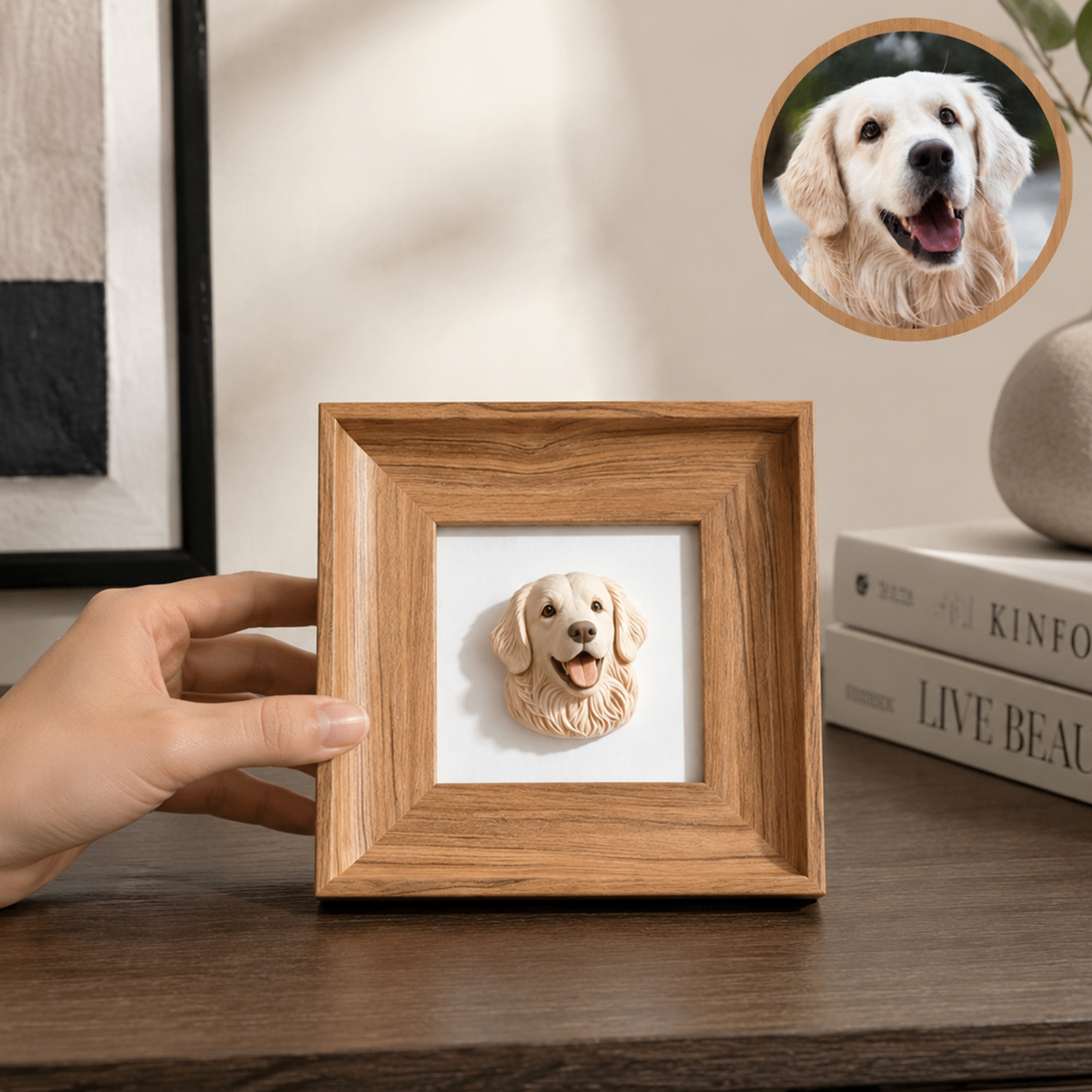 Personalized 3D Pet Portrait with Frame Ornament, Customized 3D Printed Mini Pet Portrait with Wooden Frame, Made of Resin, Compatible with Bedroom, Cars and Offices, Multi-purpose for Desktop