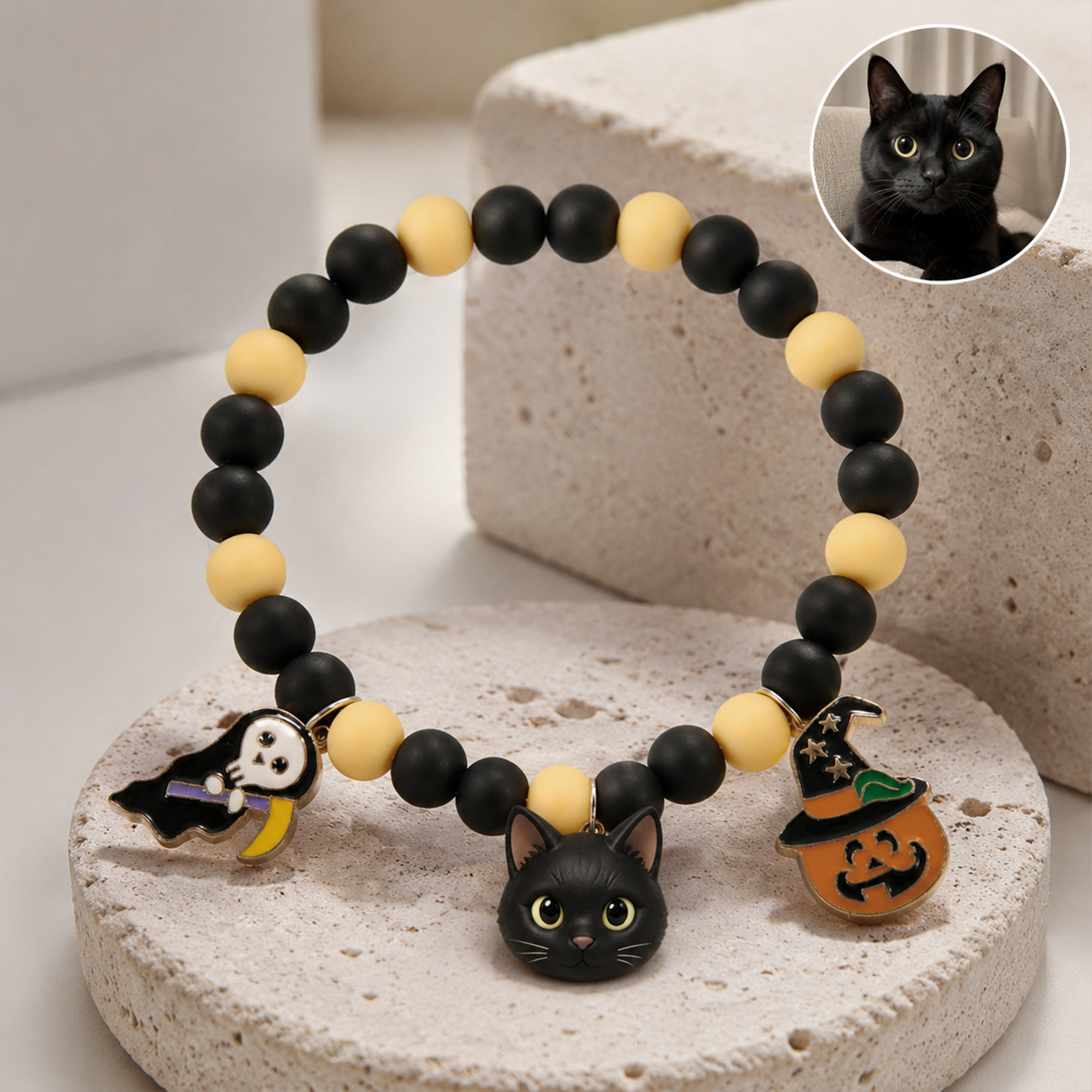 Personalized beaded 3D pet portrait collar, Customizable elastic dog cat pet Halloween collar with bat/pumpkin, Pet keepsake, Commemorative gifts for pet lovers.