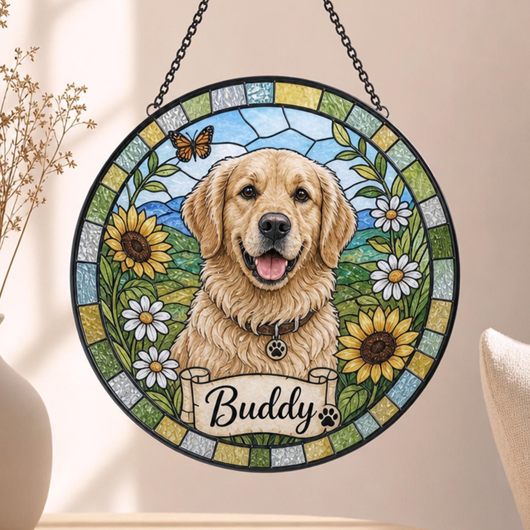 Personalized  Stained Glass Pet Portrait, Custom Dog Cat Sun Catcher Stained Glass Ornament, Pet Remembrance Gift for Pet Lovers