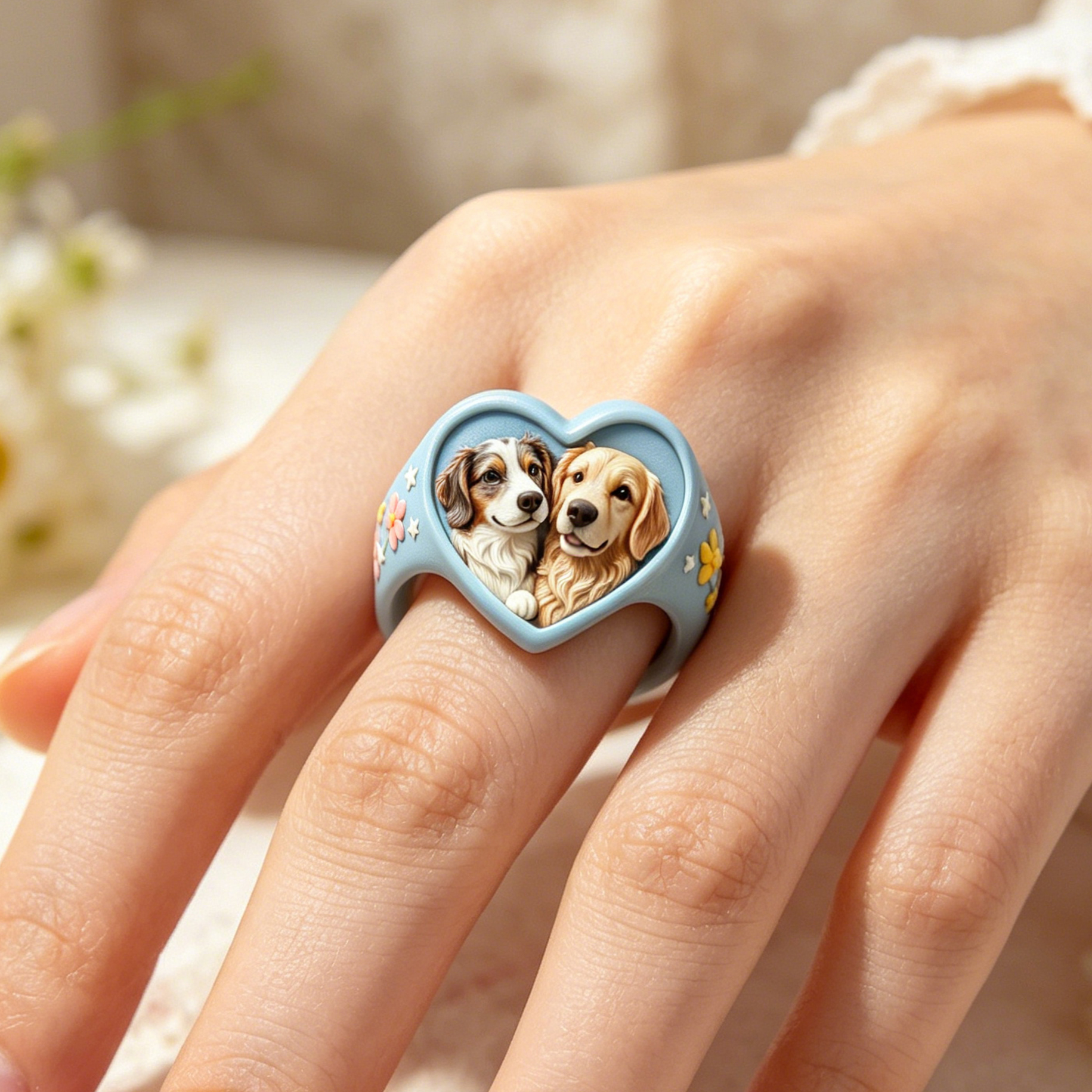 Customized 3D pet portrait rings, personalized 3D pet portrait rings, commemorative gifts for pet lovers.