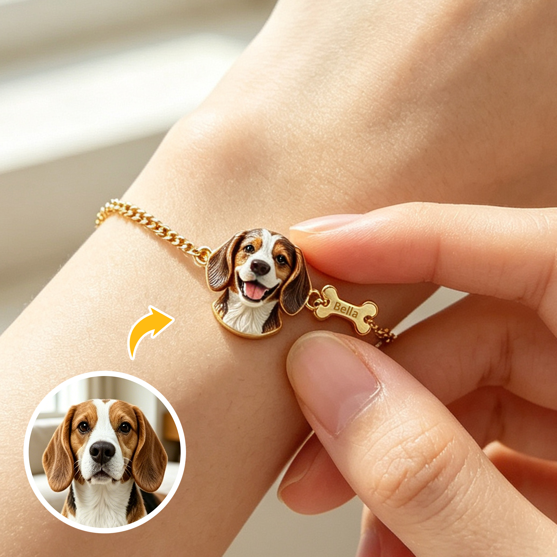 Custom Pet Portrait Bracelet – Personalized 3D Dog Head Bracelet, Memorial Pet Lover Gift, Dog Head with Bone Bracelet