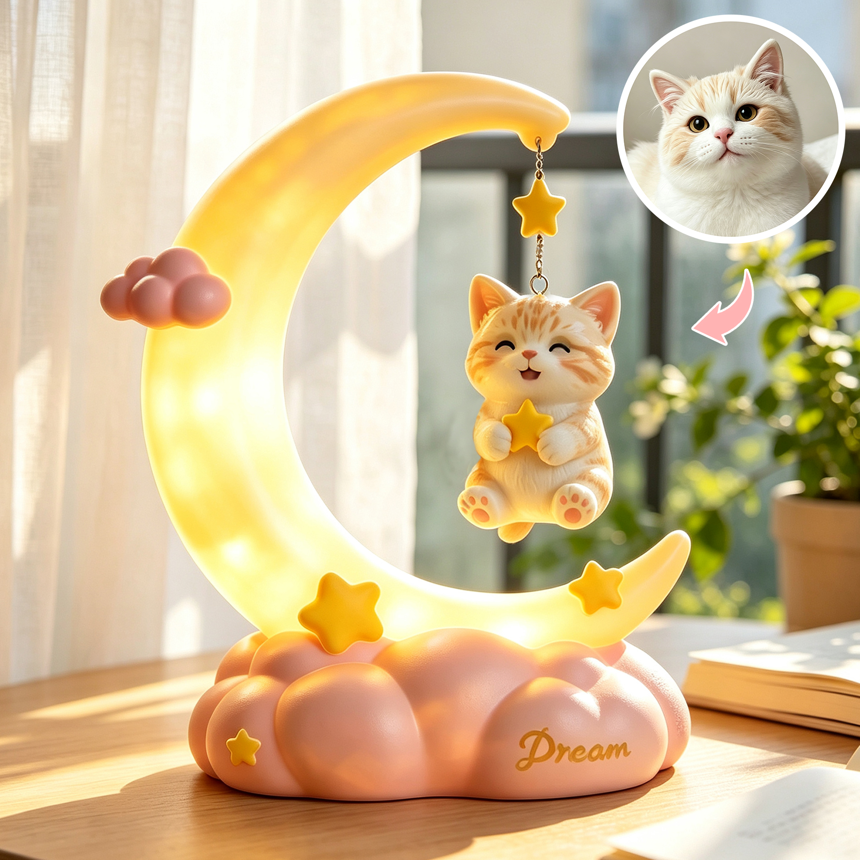 Cute 3D Printed Custom Pet with Moon Night Light | Mini Ornaments of Characters or Pets | Made of resin | Cartoon Theme | Children's Room Decoration Gift