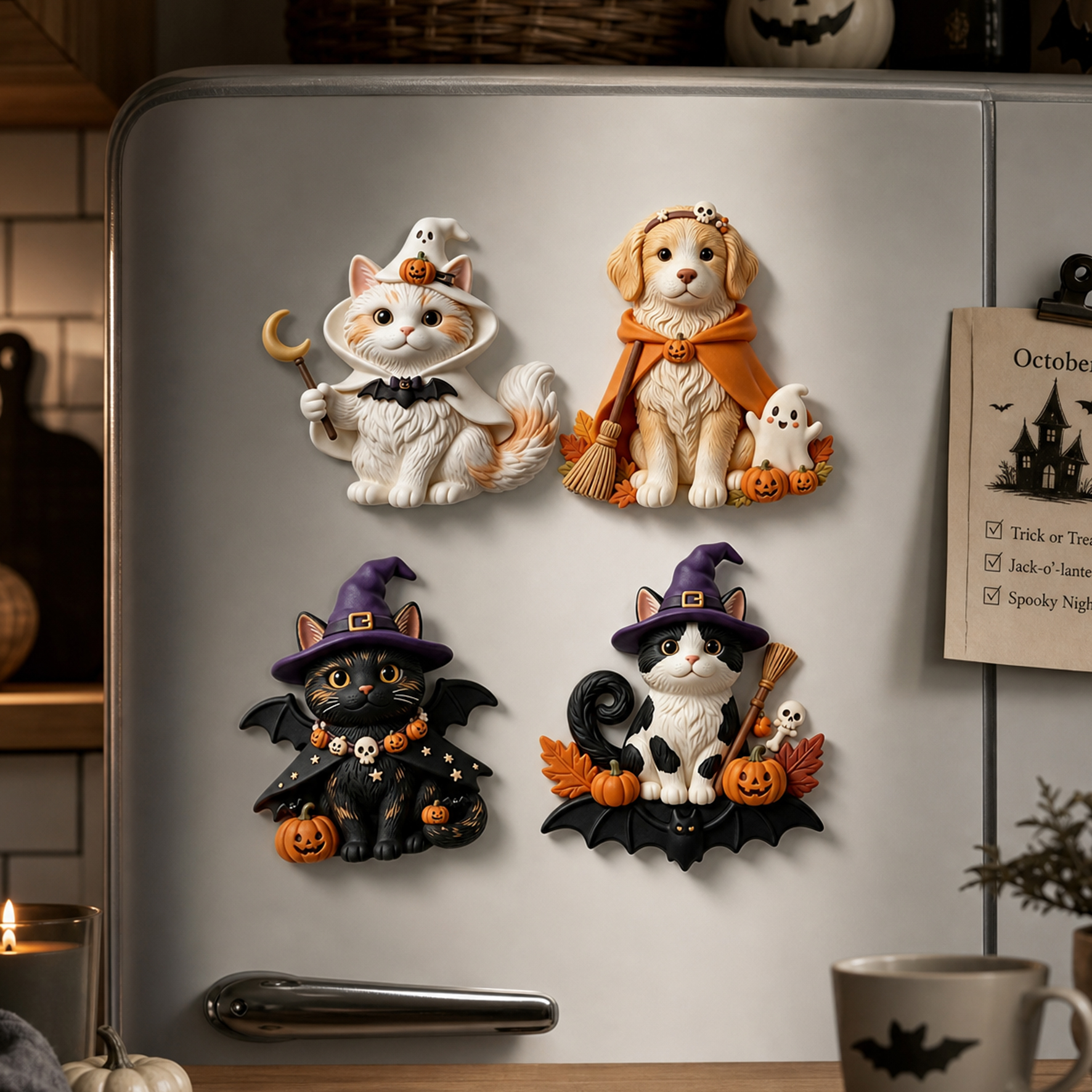 Custom 3D Relief Cartoon Fridge Magnet | Personalized Halloween Pet Fridge Magnet with Pumpkin/Ghost | Made of resin | Dogs Cats Halloween Gift