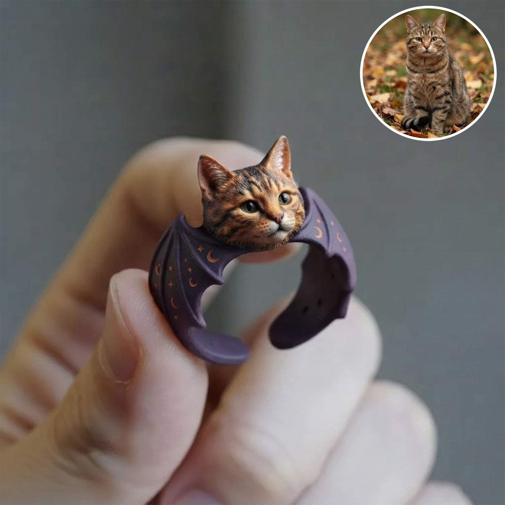 Custom 3D Pet Ring | Custom Halloween Pet with Bat Wings Ring | Personalized Dogs & Cats Halloween Gift | Resin ring