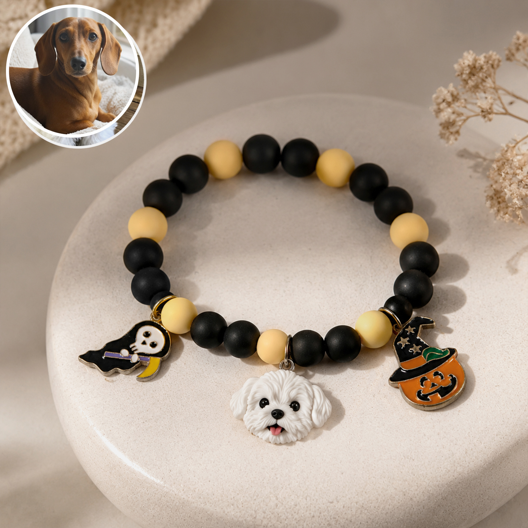 Personalized beaded 3D pet portrait collar, Customizable elastic dog cat pet Halloween collar with bat/pumpkin, Pet keepsake, Commemorative gifts for pet lovers.