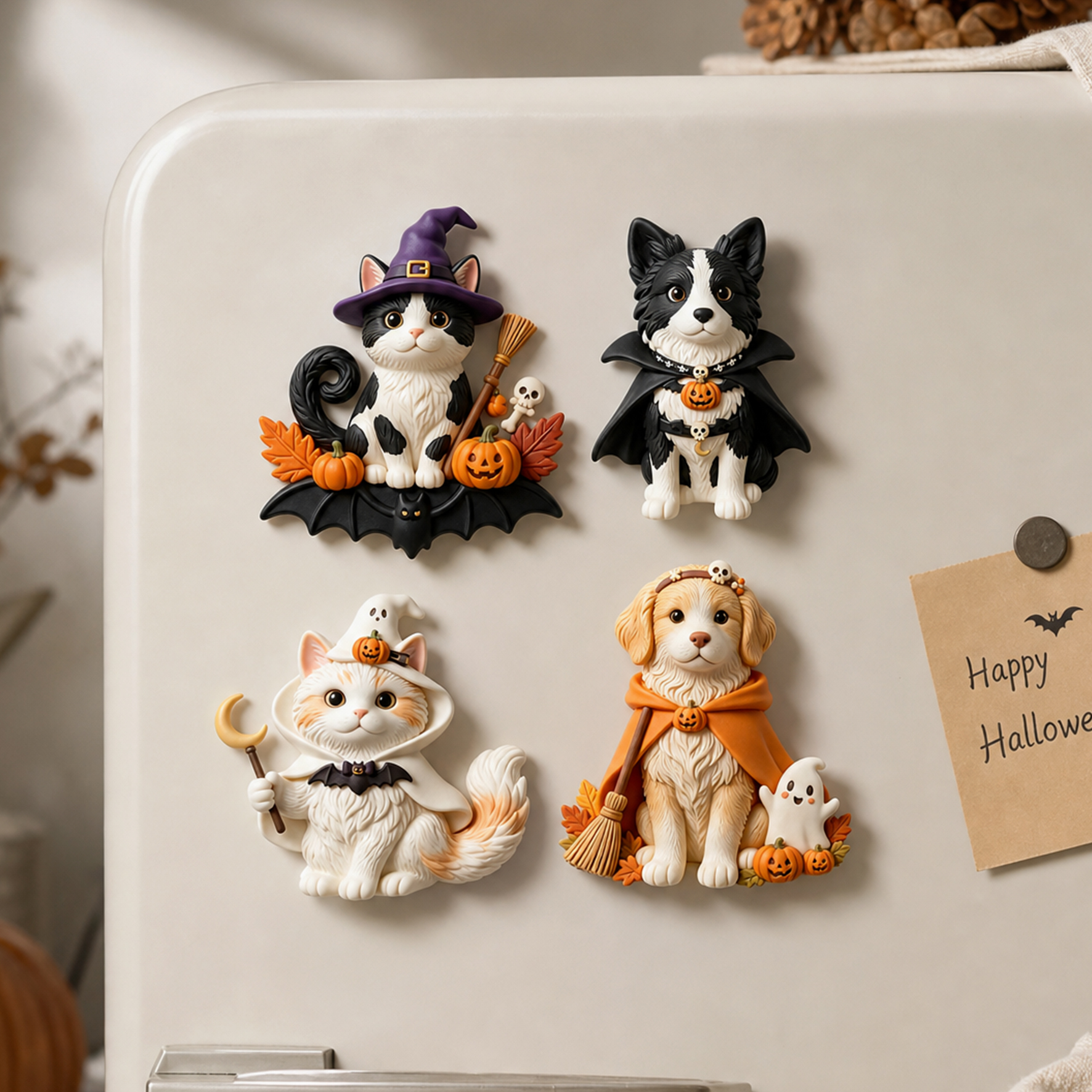 Custom 3D Relief Cartoon Fridge Magnet | Personalized Halloween Pet Fridge Magnet with Pumpkin/Ghost | Made of resin | Dogs Cats Halloween Gift