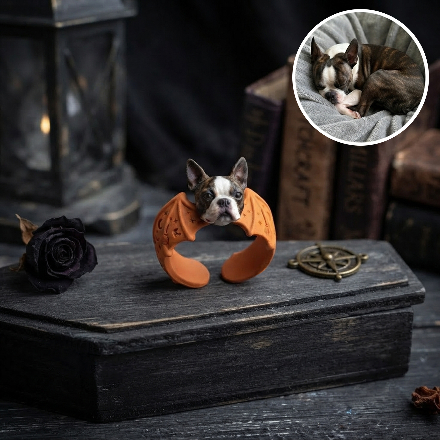 Custom 3D Pet Ring | Custom Halloween Pet with Bat Wings Ring | Personalized Dogs & Cats Halloween Gift | Resin ring