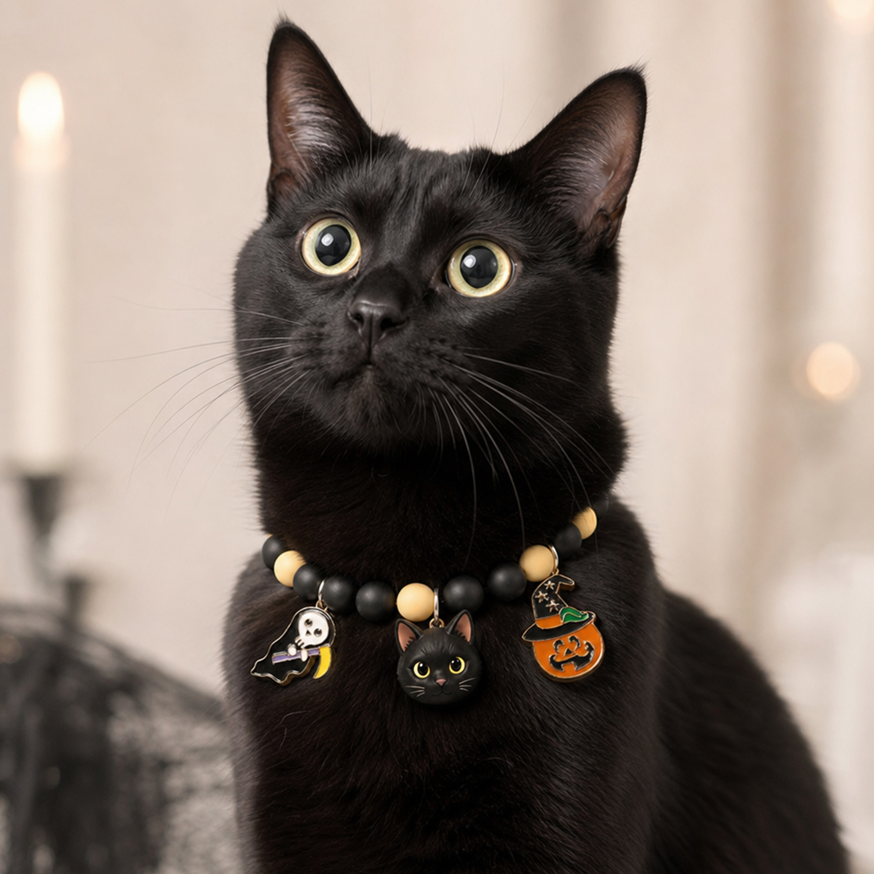 Personalized beaded 3D pet portrait collar, Customizable elastic dog cat pet Halloween collar with bat/pumpkin, Pet keepsake, Commemorative gifts for pet lovers.