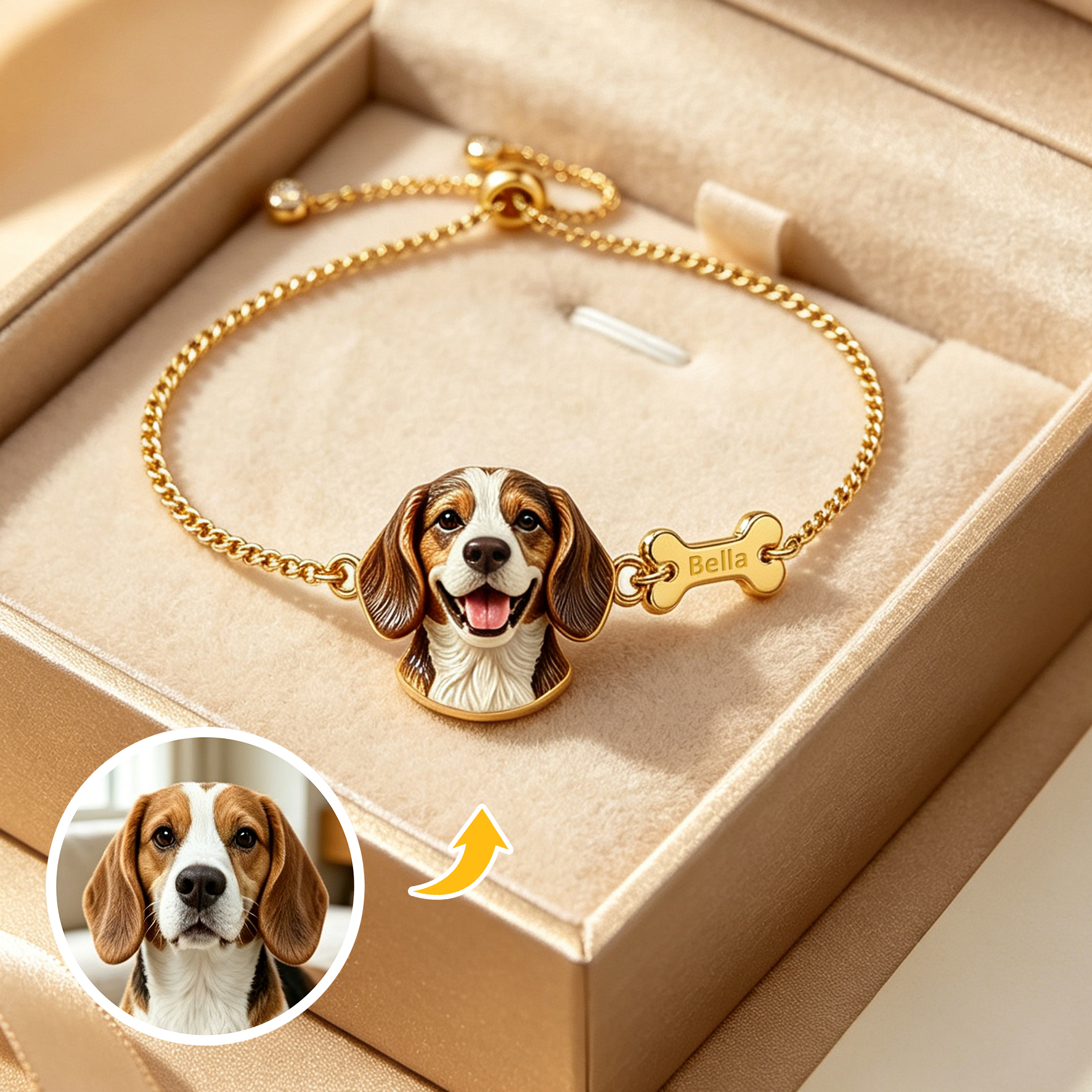 Custom Pet Portrait Bracelet – Personalized 3D Dog Head Bracelet, Memorial Pet Lover Gift, Dog Head with Bone Bracelet