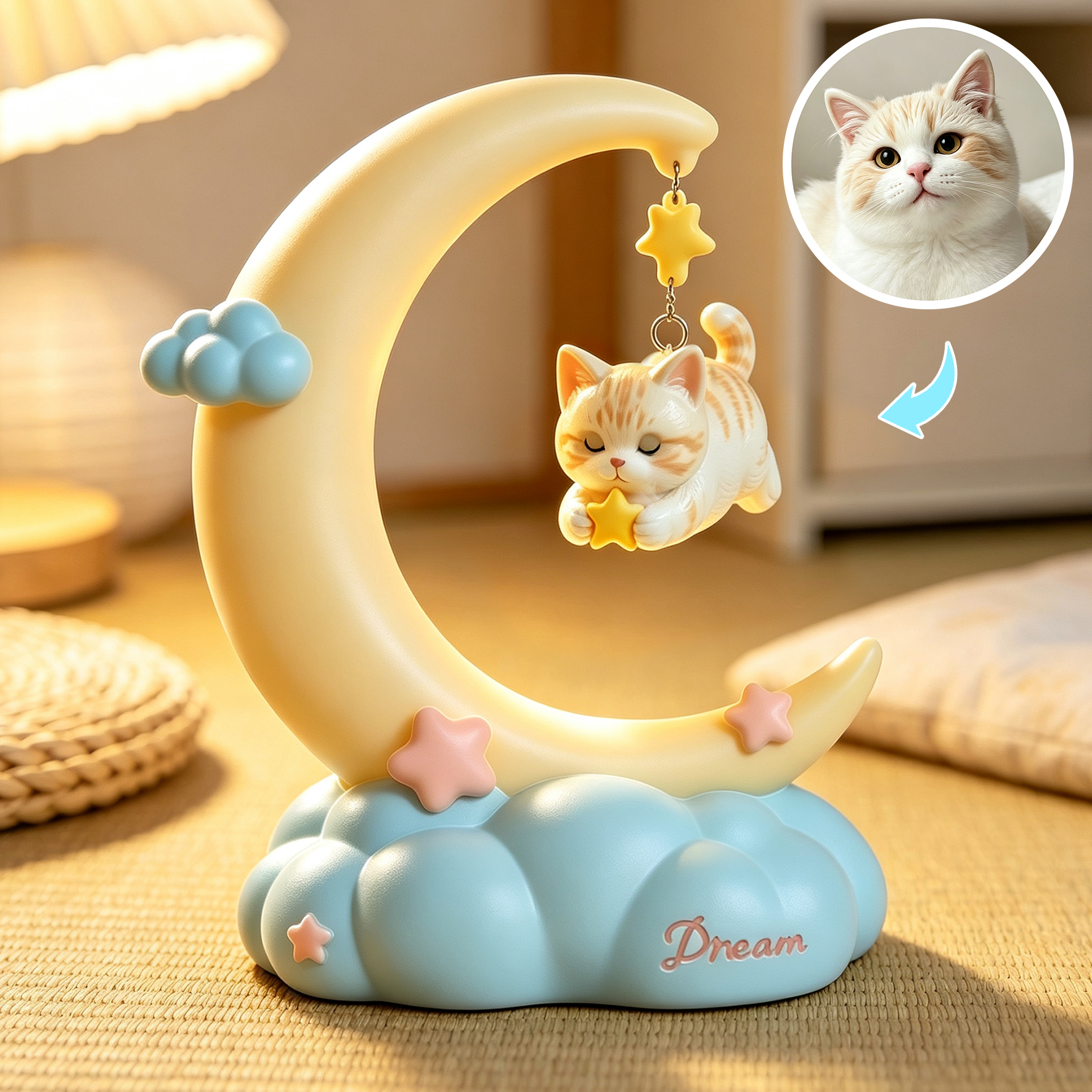 Cute 3D Printed Custom Pet with Moon Night Light | Mini Ornaments of Characters or Pets | Made of resin | Cartoon Theme | Children's Room Decoration Gift