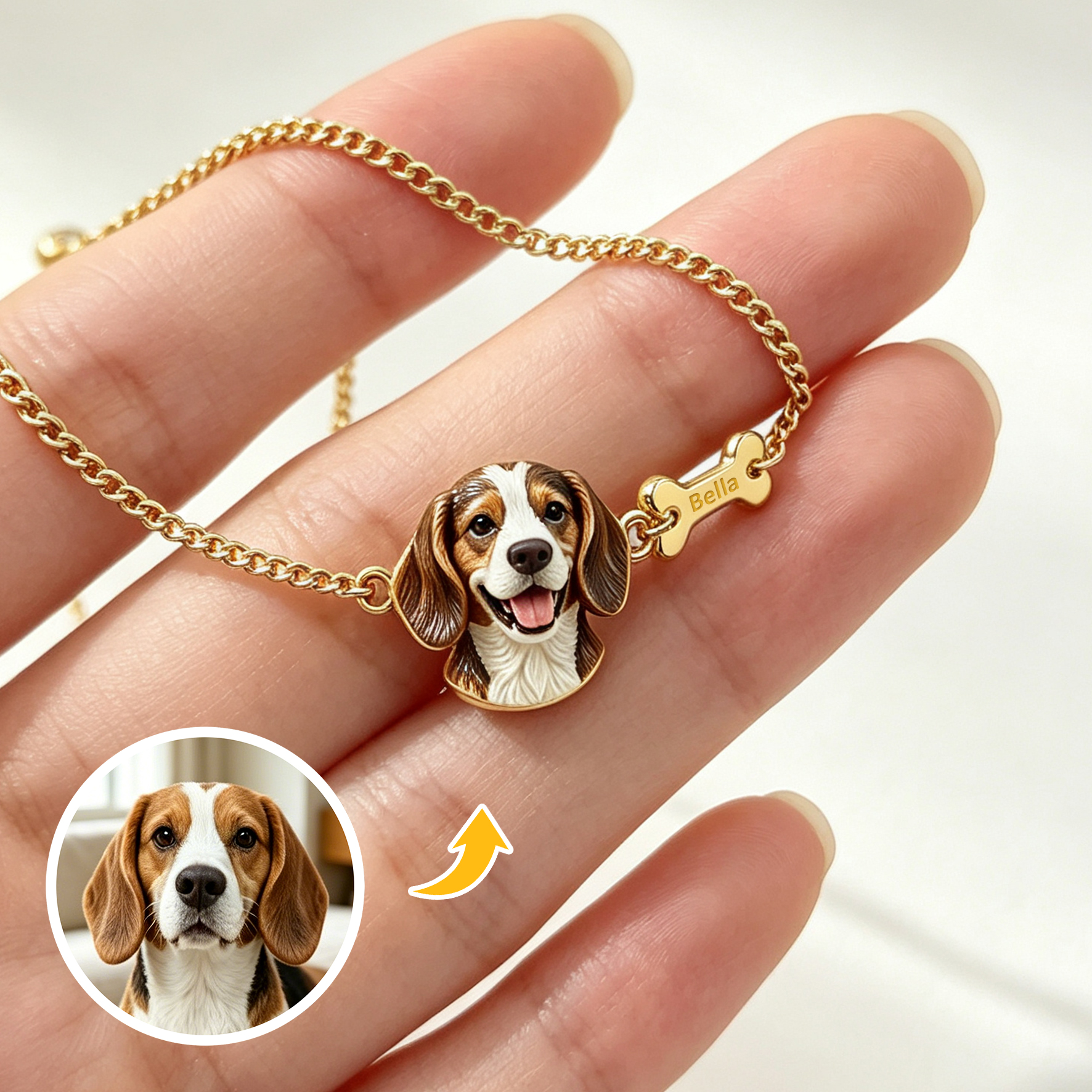 Custom Pet Portrait Bracelet – Personalized 3D Dog Head Bracelet, Memorial Pet Lover Gift, Dog Head with Bone Bracelet