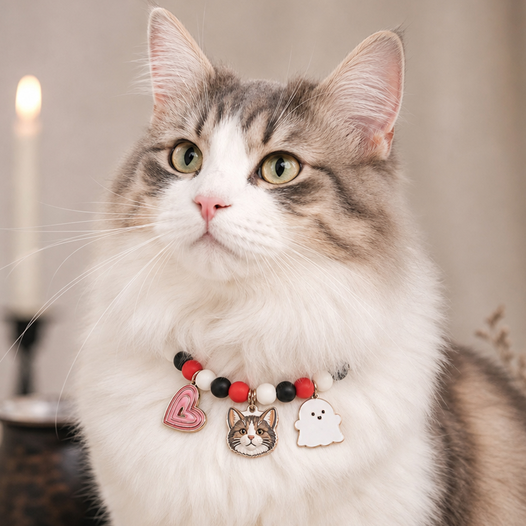 Personalized beaded 3D pet portrait collar, Customizable elastic dog cat pet Halloween collar with bat/pumpkin, Pet keepsake, Commemorative gifts for pet lovers.