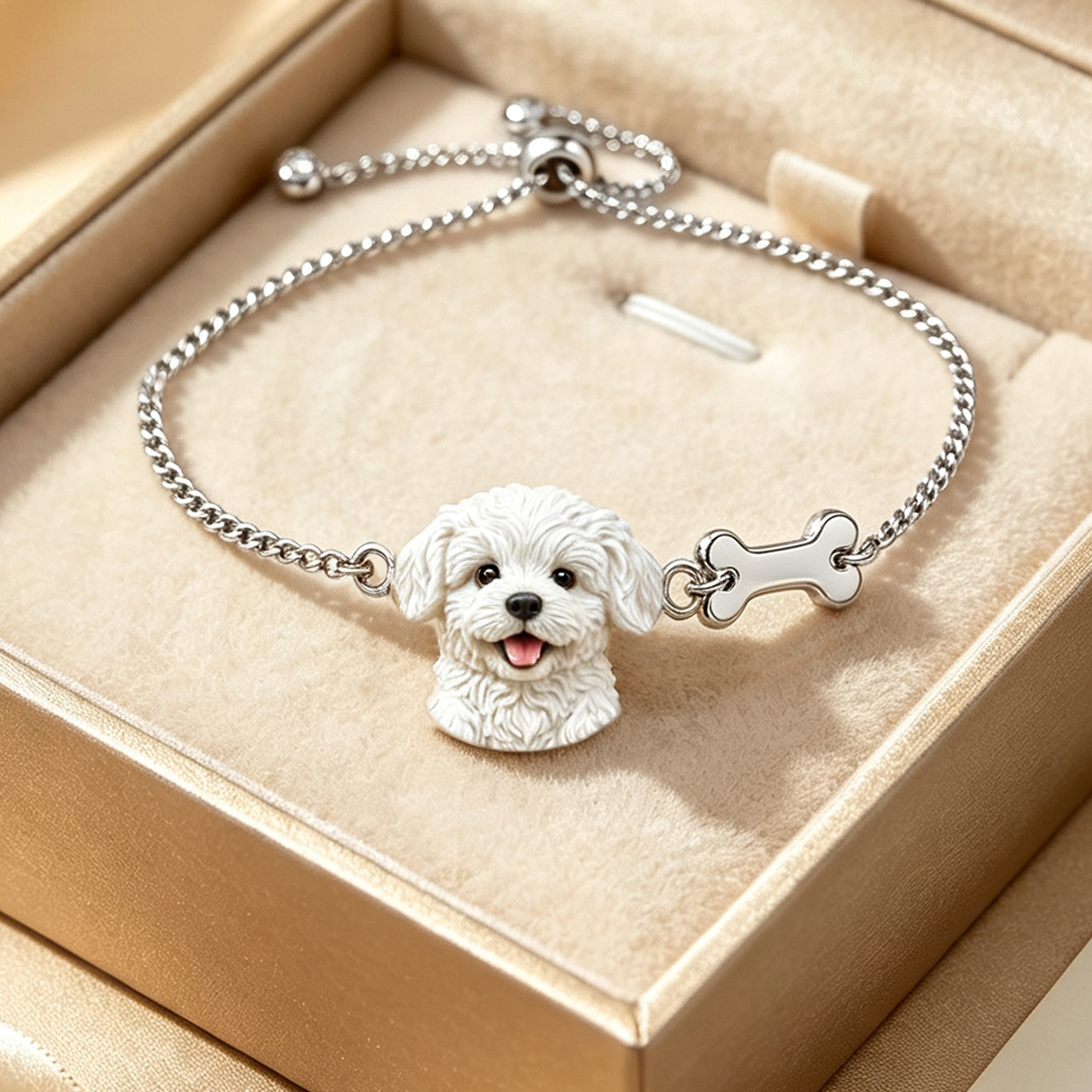 Custom Pet Portrait Bracelet – Personalized 3D Dog Head Bracelet, Memorial Pet Lover Gift, Dog Head with Bone Bracelet