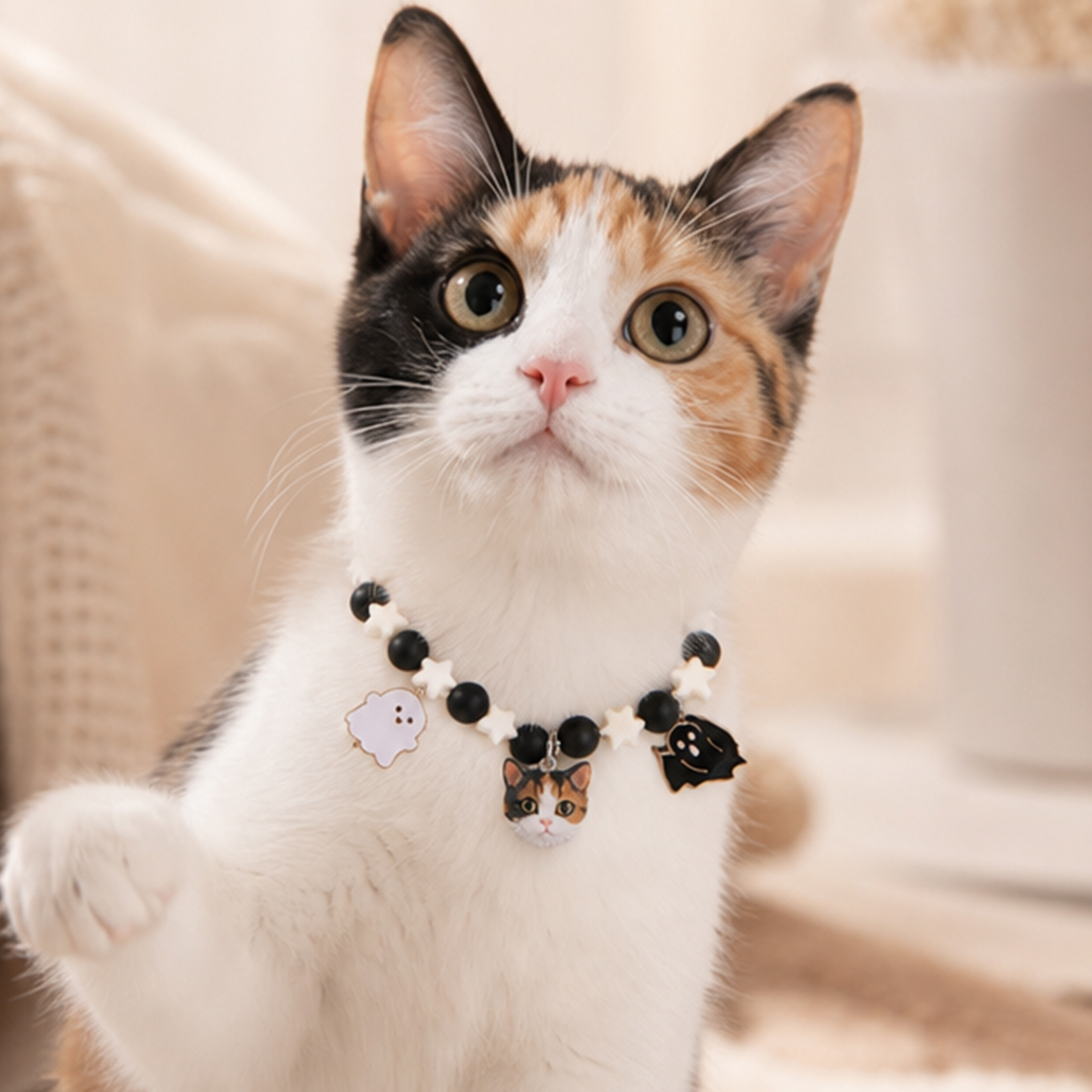 Personalized beaded 3D pet portrait collar, Customizable elastic dog cat pet Halloween collar with bat/pumpkin, Pet keepsake, Commemorative gifts for pet lovers.