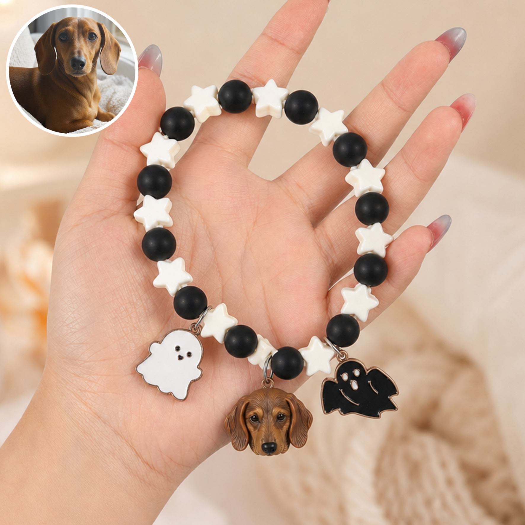 Personalized beaded 3D pet portrait collar, Customizable elastic dog cat pet Halloween collar with bat/pumpkin, Pet keepsake, Commemorative gifts for pet lovers.