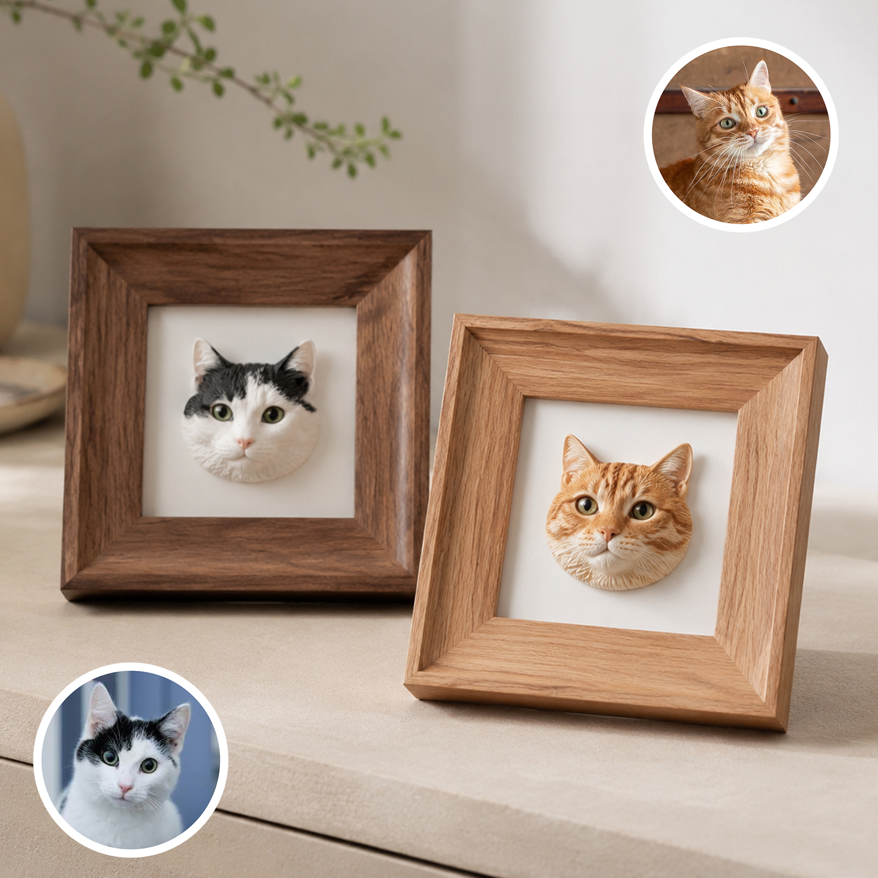 Personalized 3D Pet Portrait with Frame Ornament, Customized 3D Printed Mini Pet Portrait with Wooden Frame, Made of Resin, Compatible with Bedroom, Cars and Offices, Multi-purpose for Desktop
